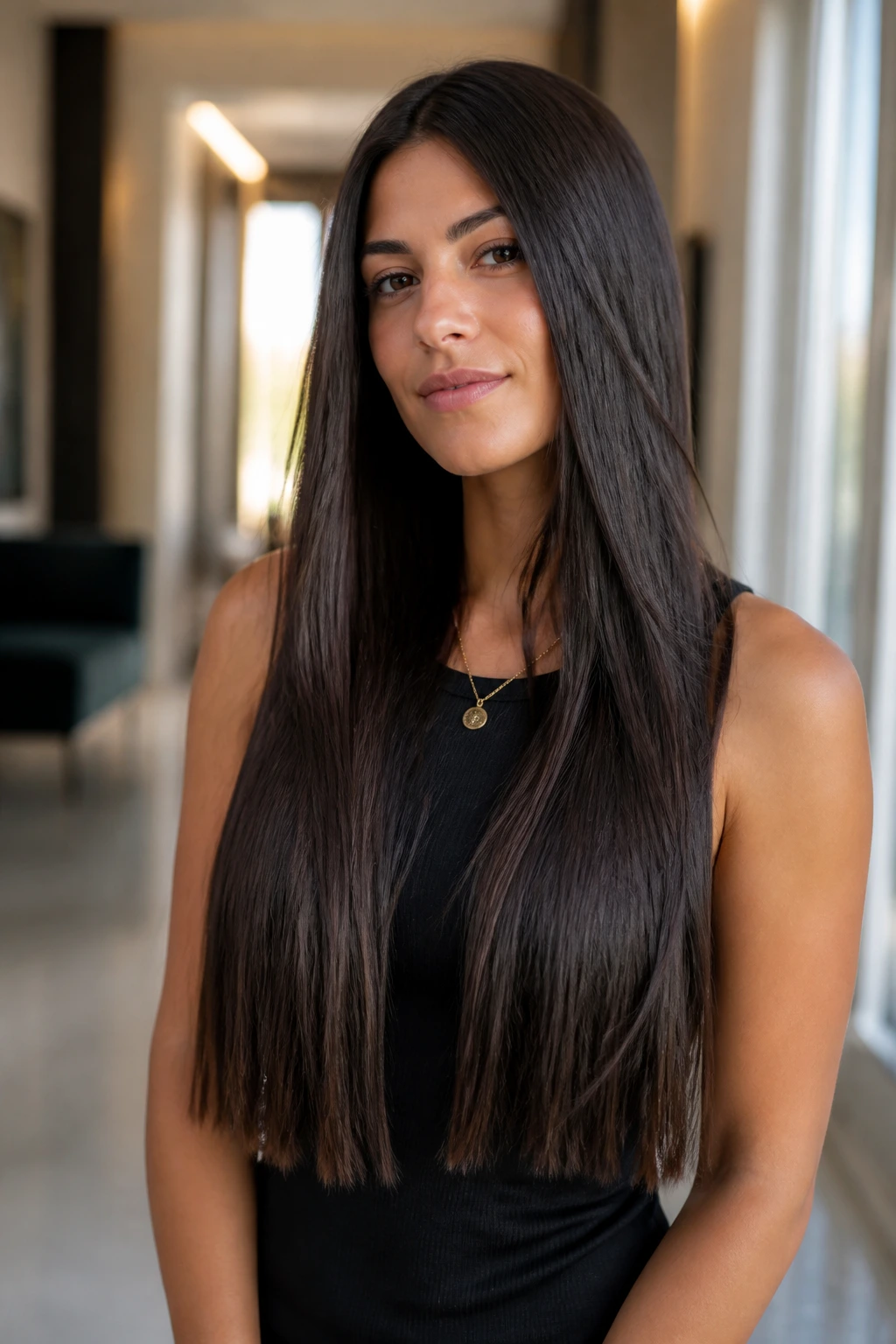 Real person with extra-long hair showing long layers and blunt ends in a home setting