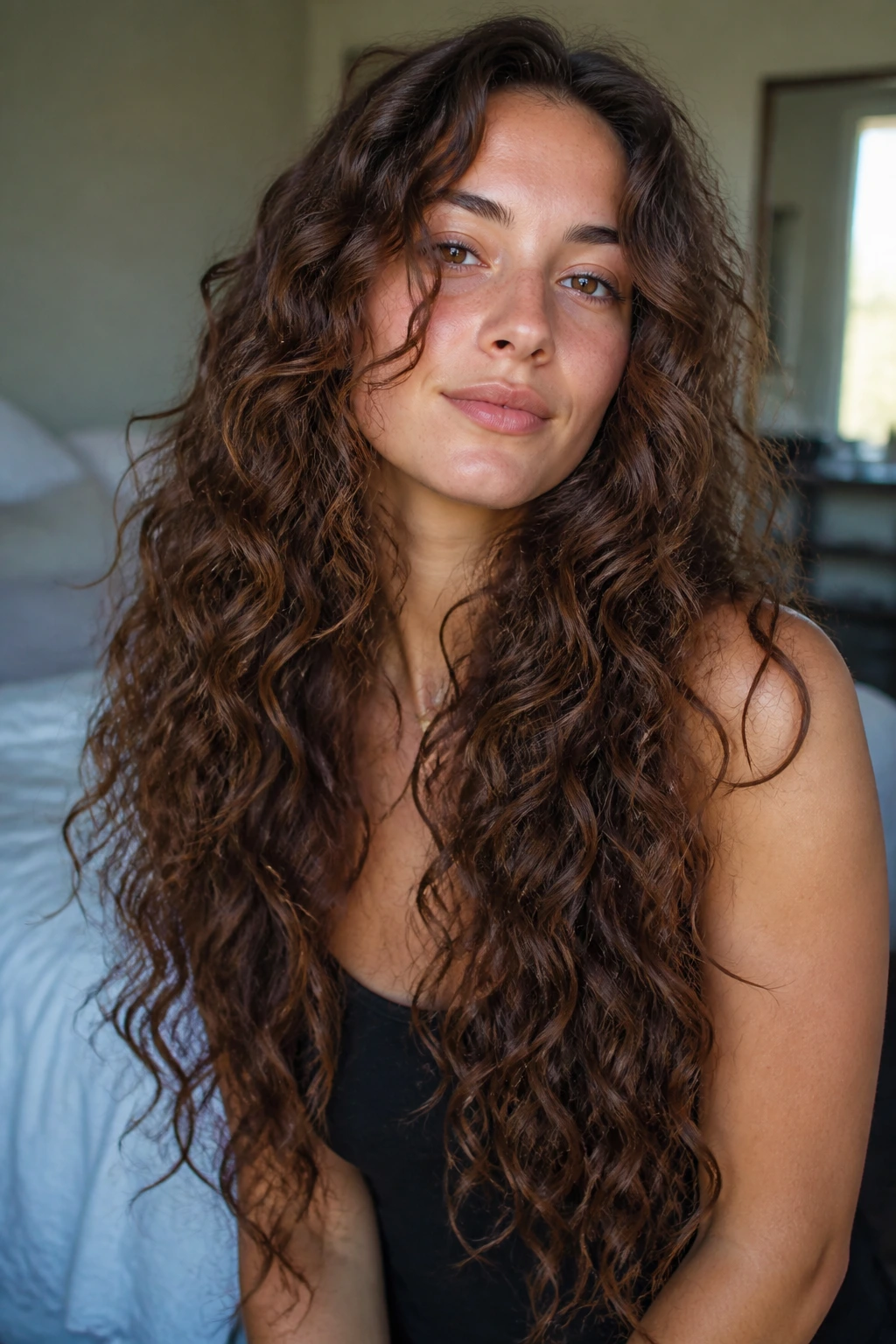 Close-up of a real woman with ultra-long layered curly hair and a barely-there face frame in soft light