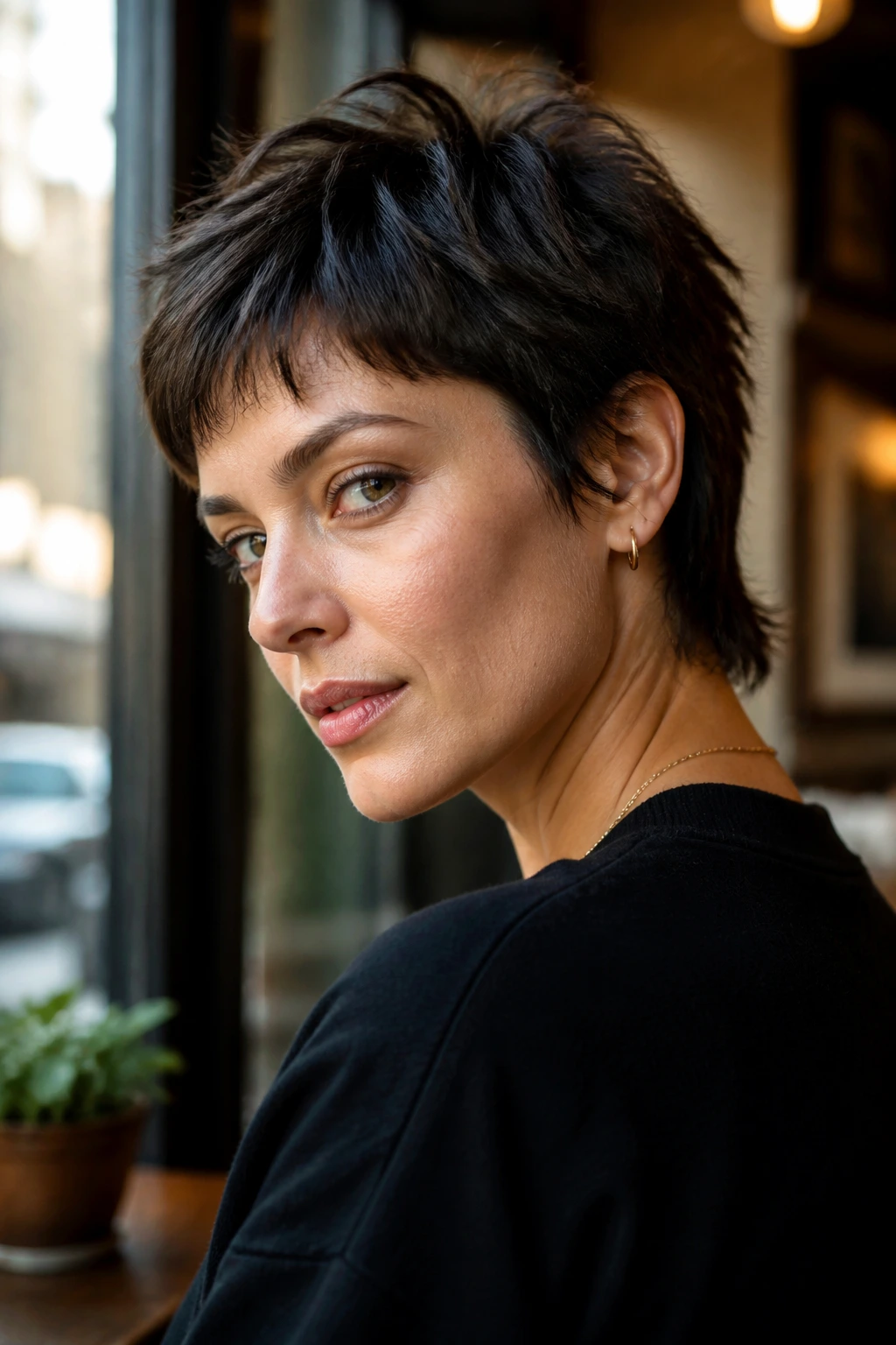 Close-up portrait of real woman with extra short wolf cut showing crown lift and tapered nape in a cafe setting