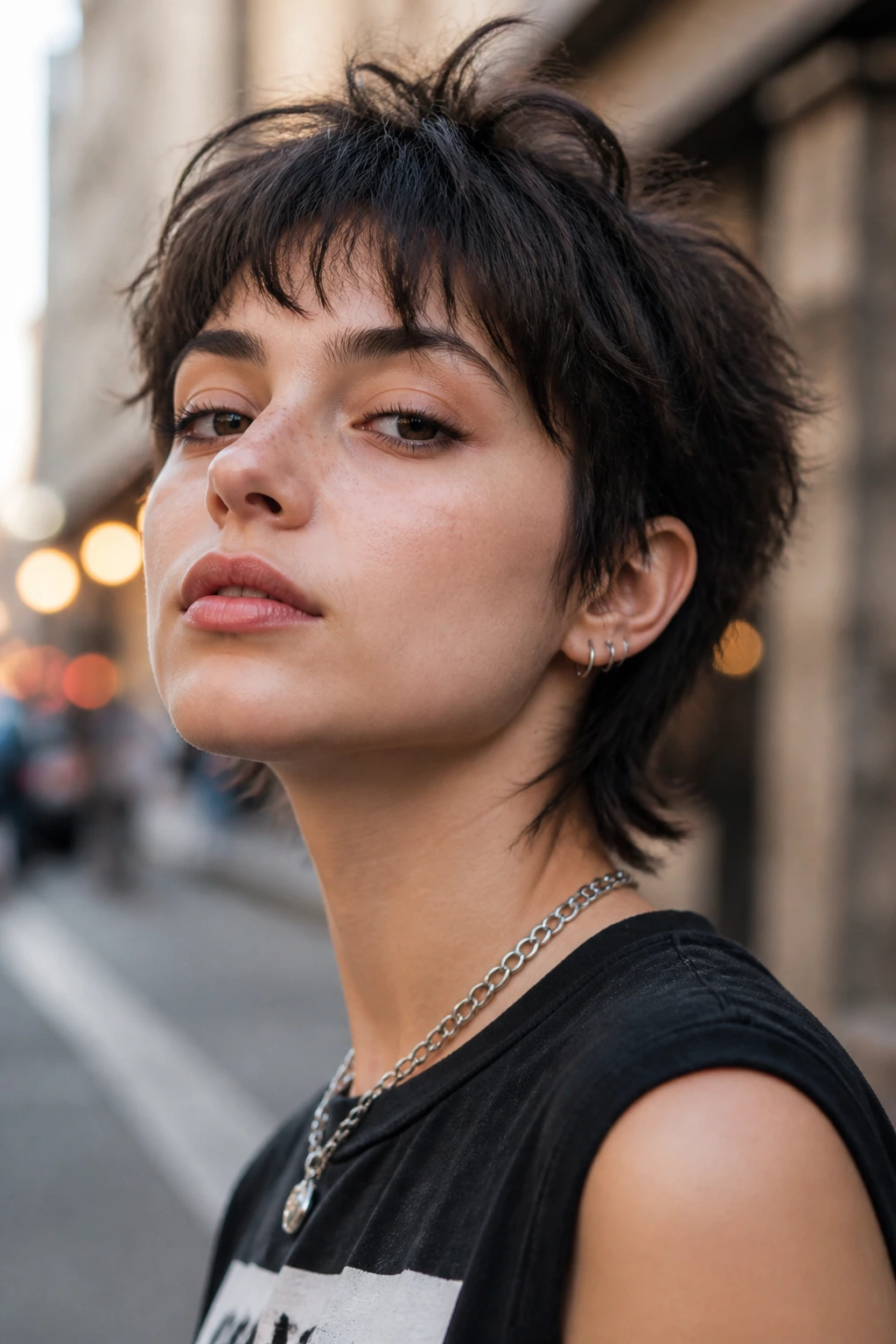 Real woman with extra short wolf cut in urban daylight