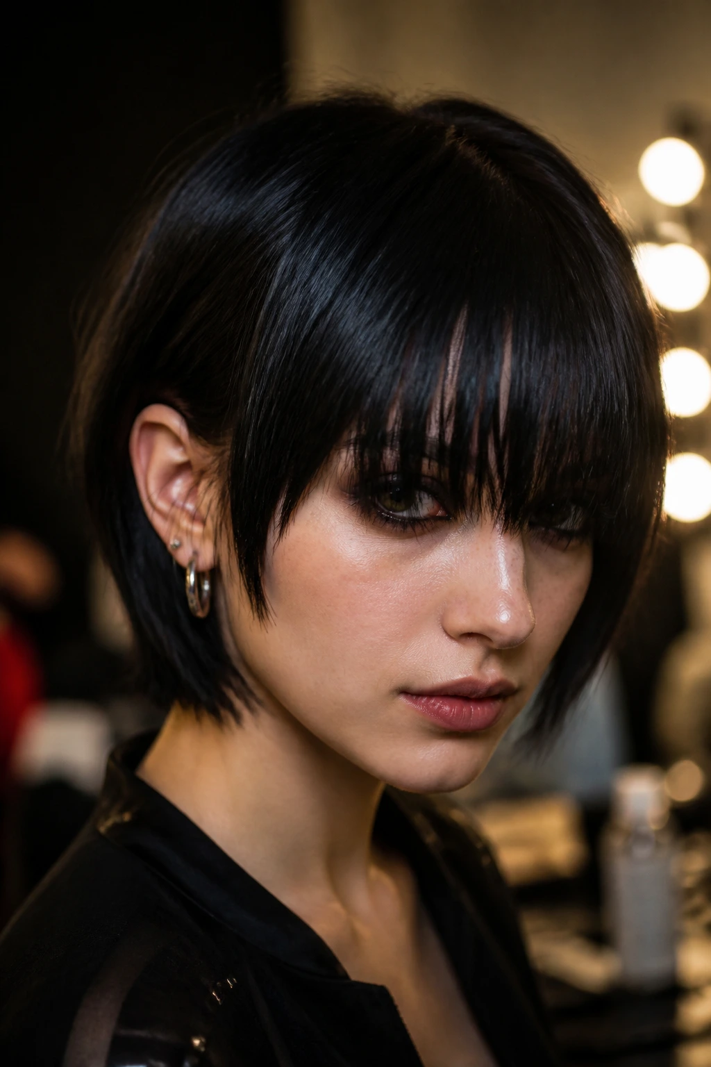 Portrait of a person with dramatic eye-skimming fringe and lashes visible