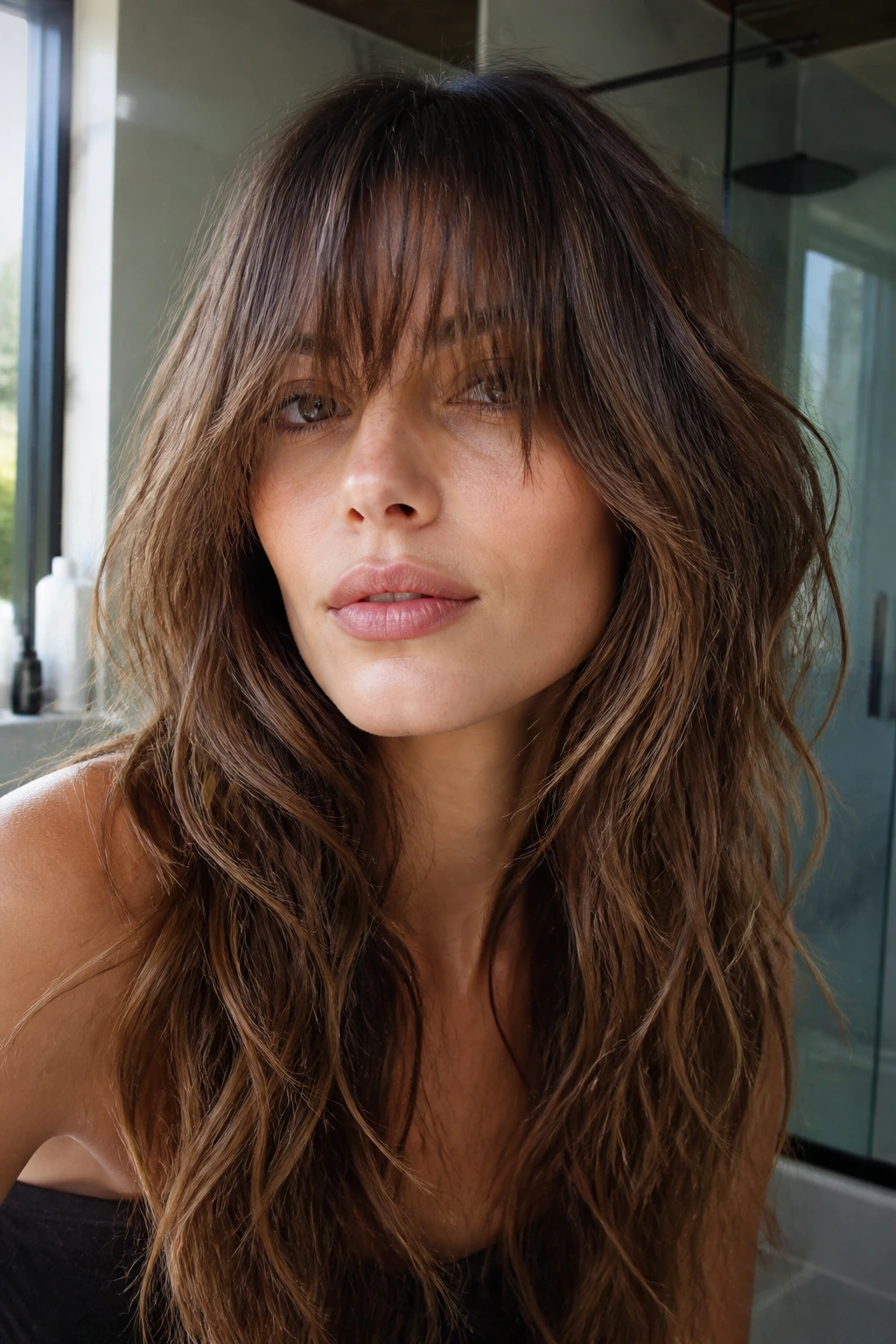 Portrait of a real person with eye-skimming fringe and razor-ended texture