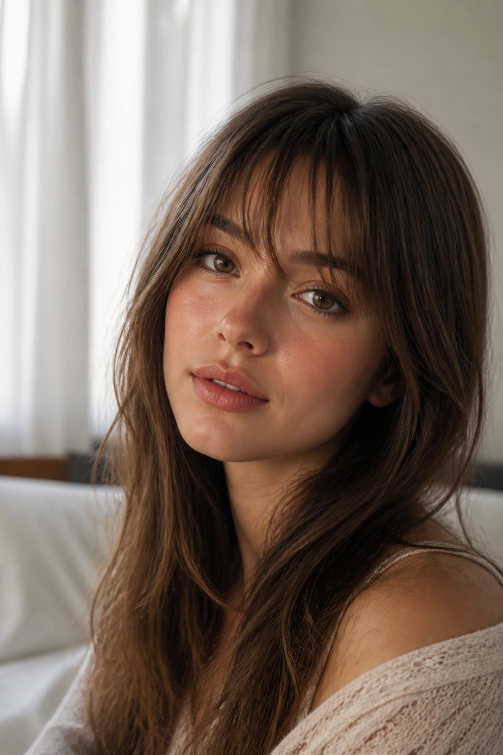 Close-up of a woman with eye-skimming wisps near lashes in soft light.