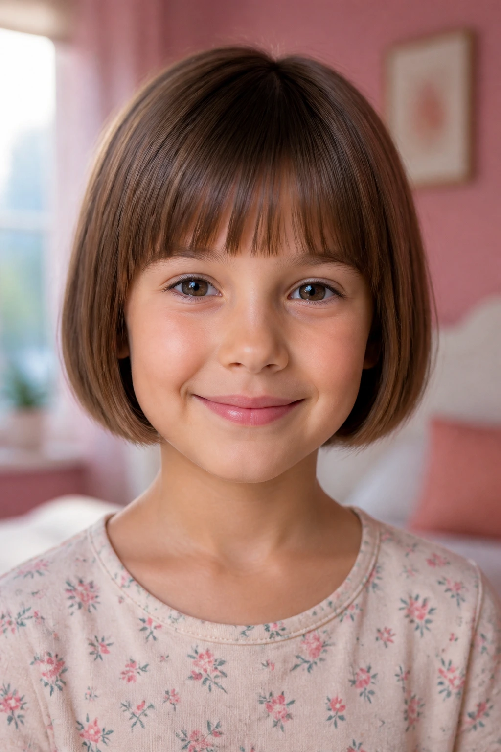 Close-up portrait of a young girl with eyebrow-grazing bangs in a cozy bedroom