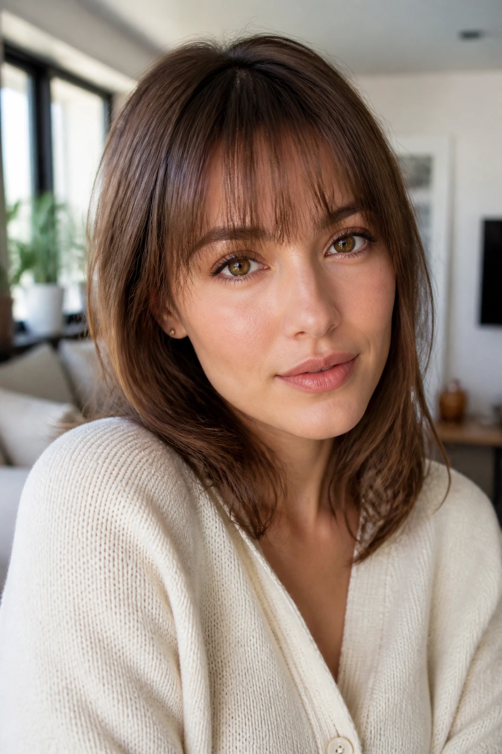 Close-up of a real woman with eyebrow-grazing bangs just above the brows