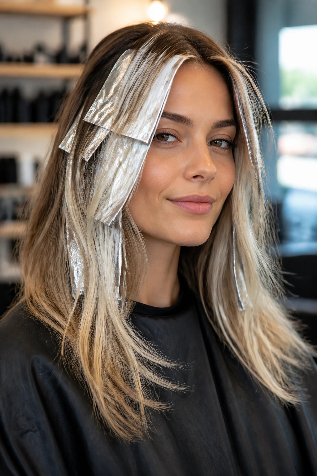 Close-up of a real person with soft face-bracketing foils and airy ends in hair