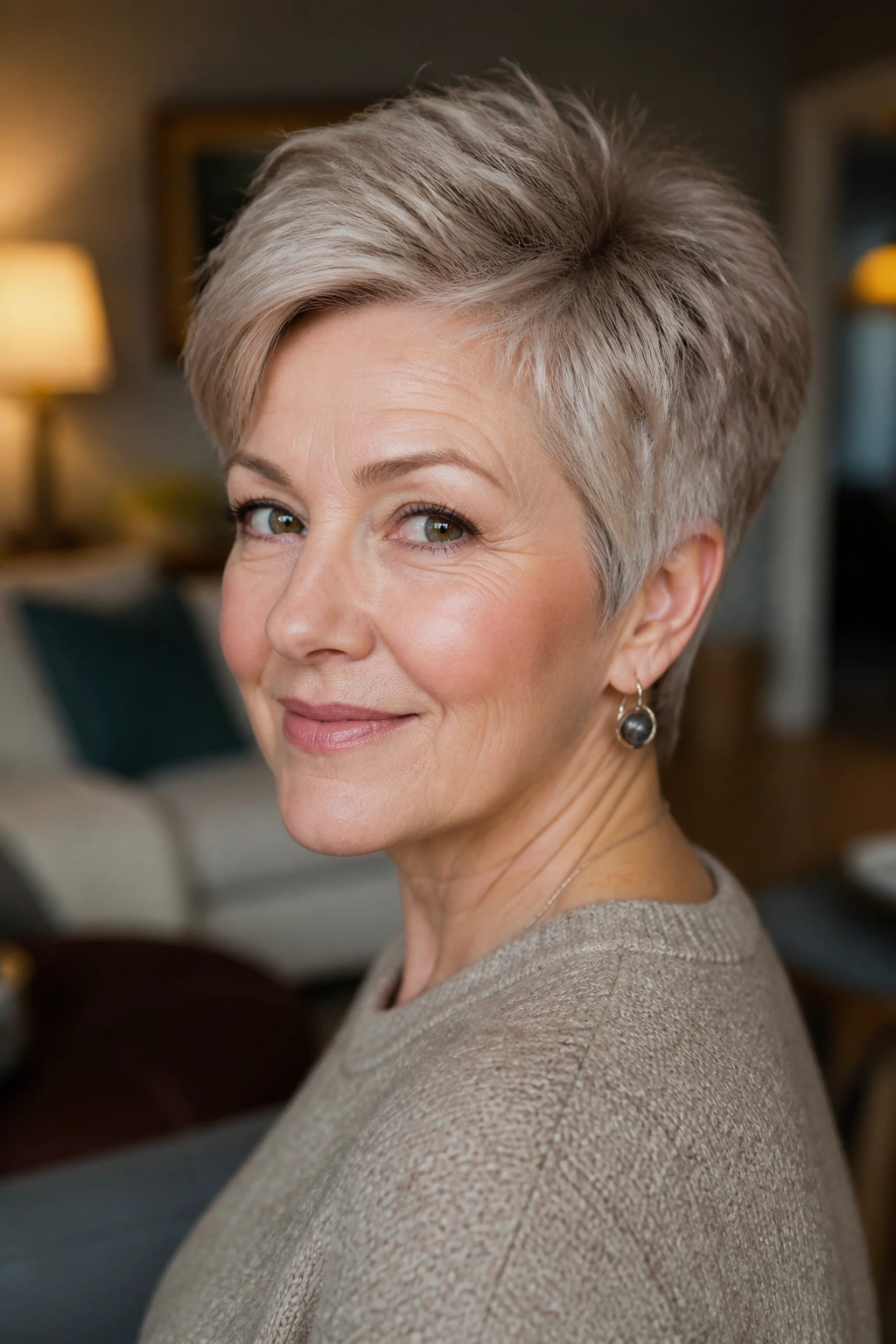 Portrait of a real woman with a lifted crown short hairstyle that flatters her actual face shape