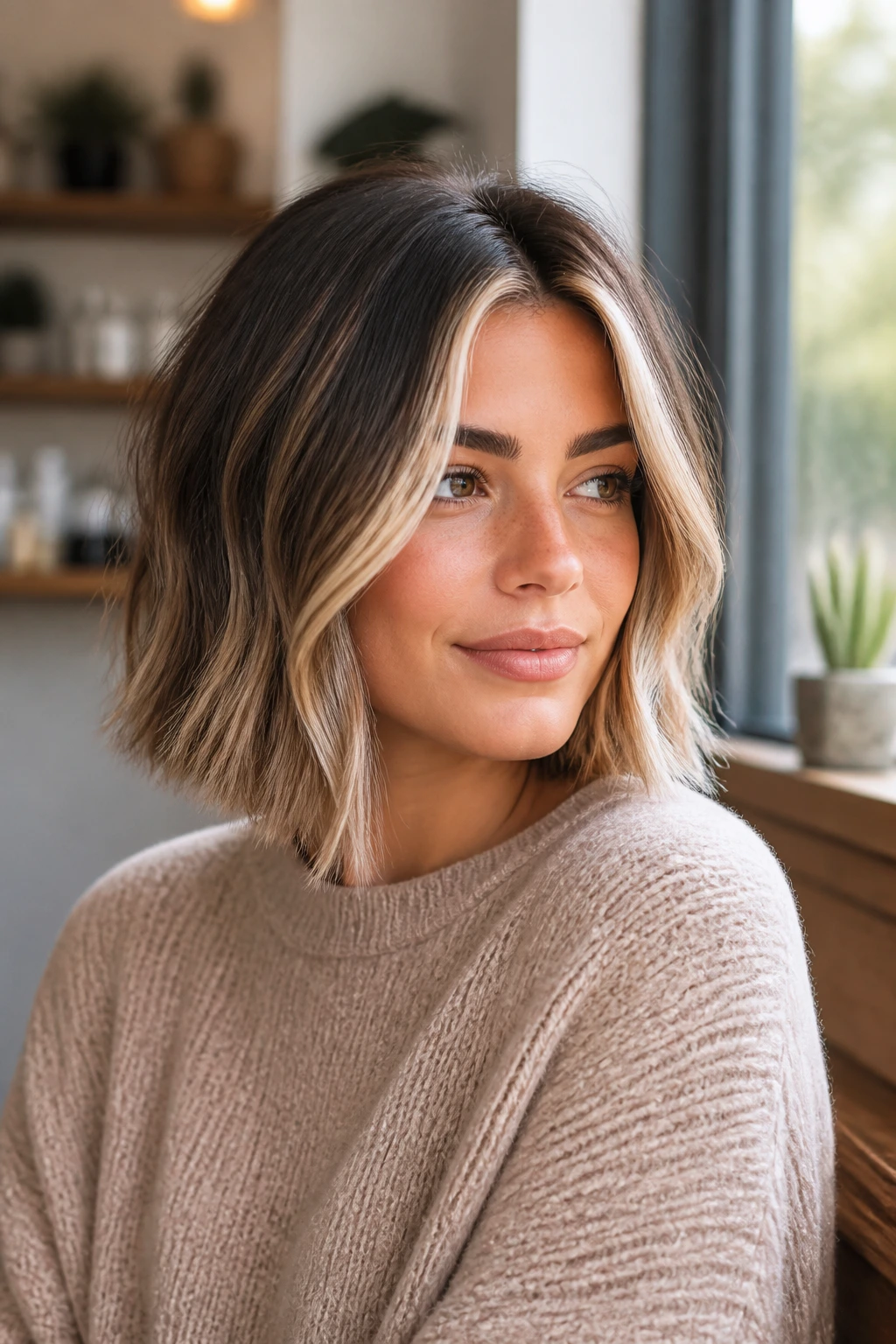 Balayage bob with bright face-framing ribbons in daylight