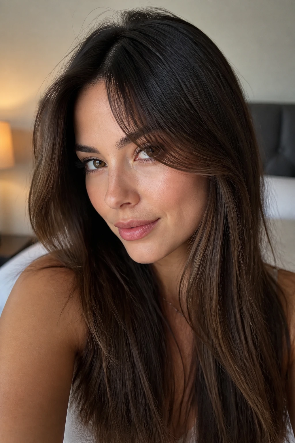 Close-up portrait of a real woman with face-frame first curtain bangs in warm natural light.
