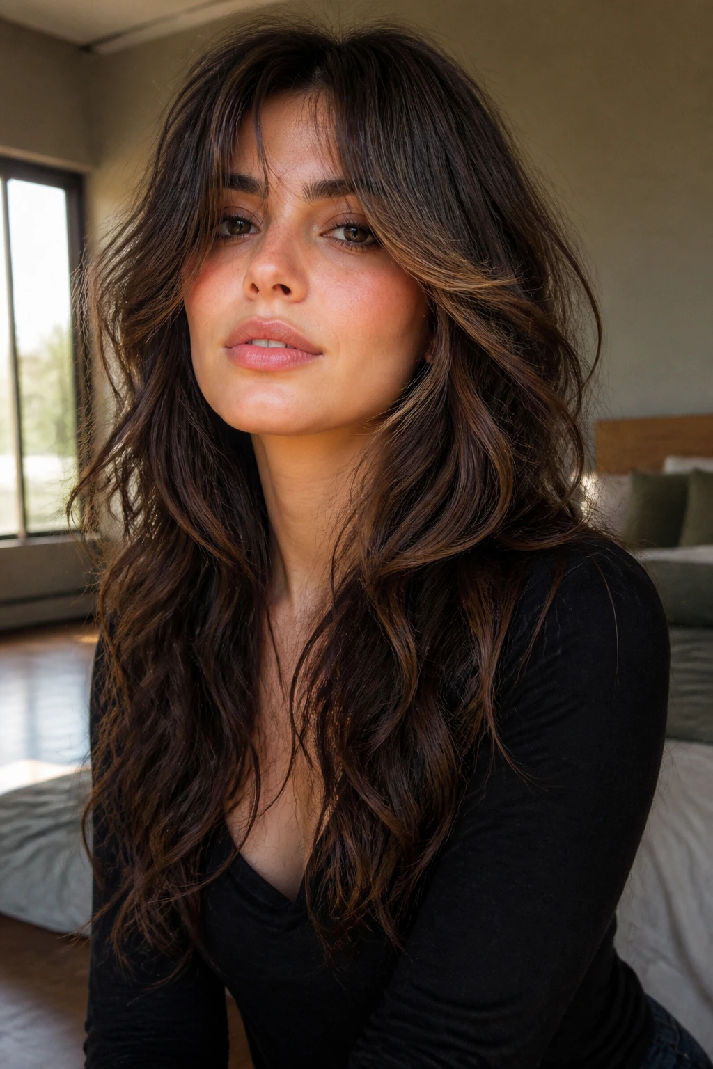Portrait of a real woman with face-frame cascading layers in a long wolf cut