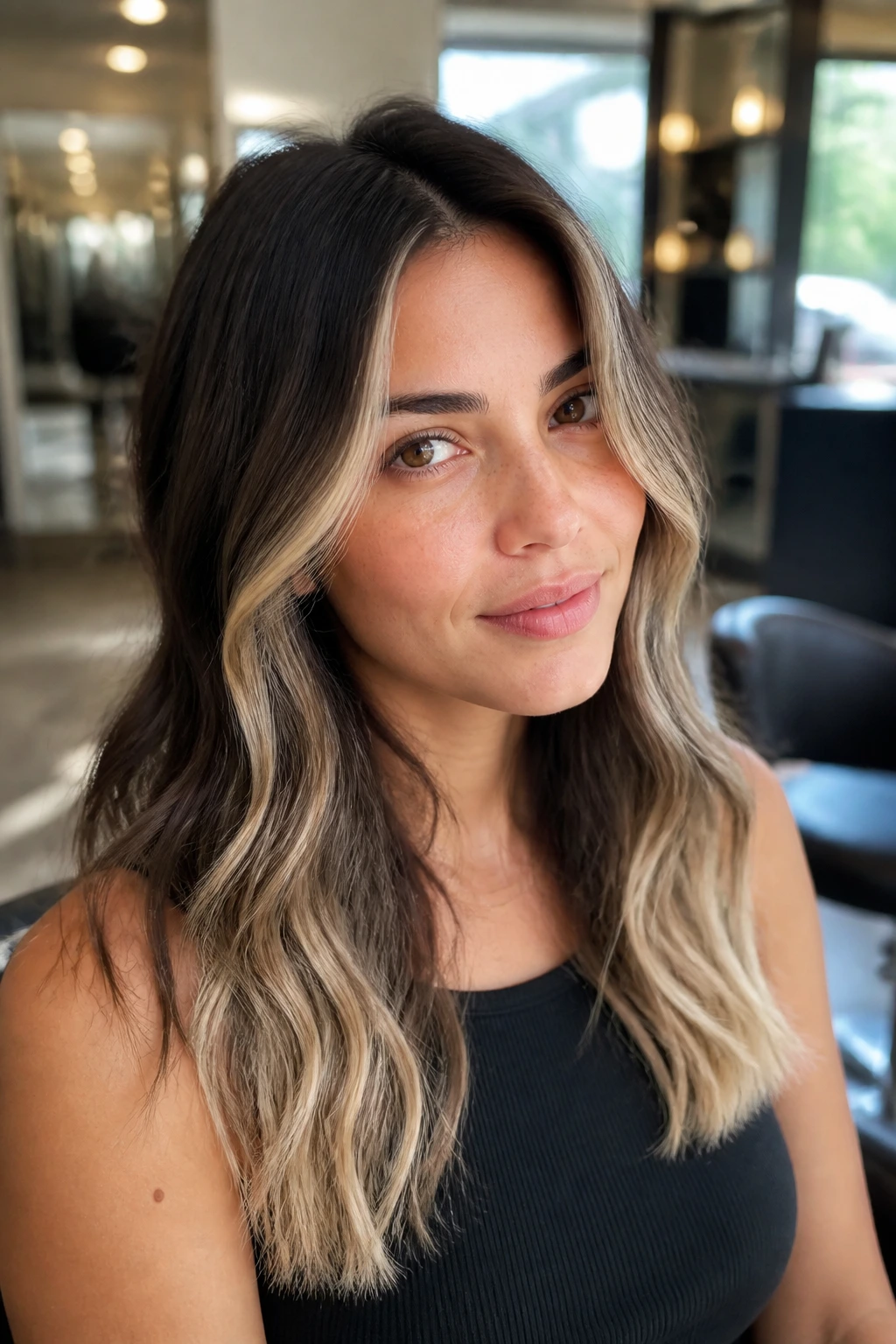 Close-up portrait showing face-frame highlights and lighter ends in natural salon light