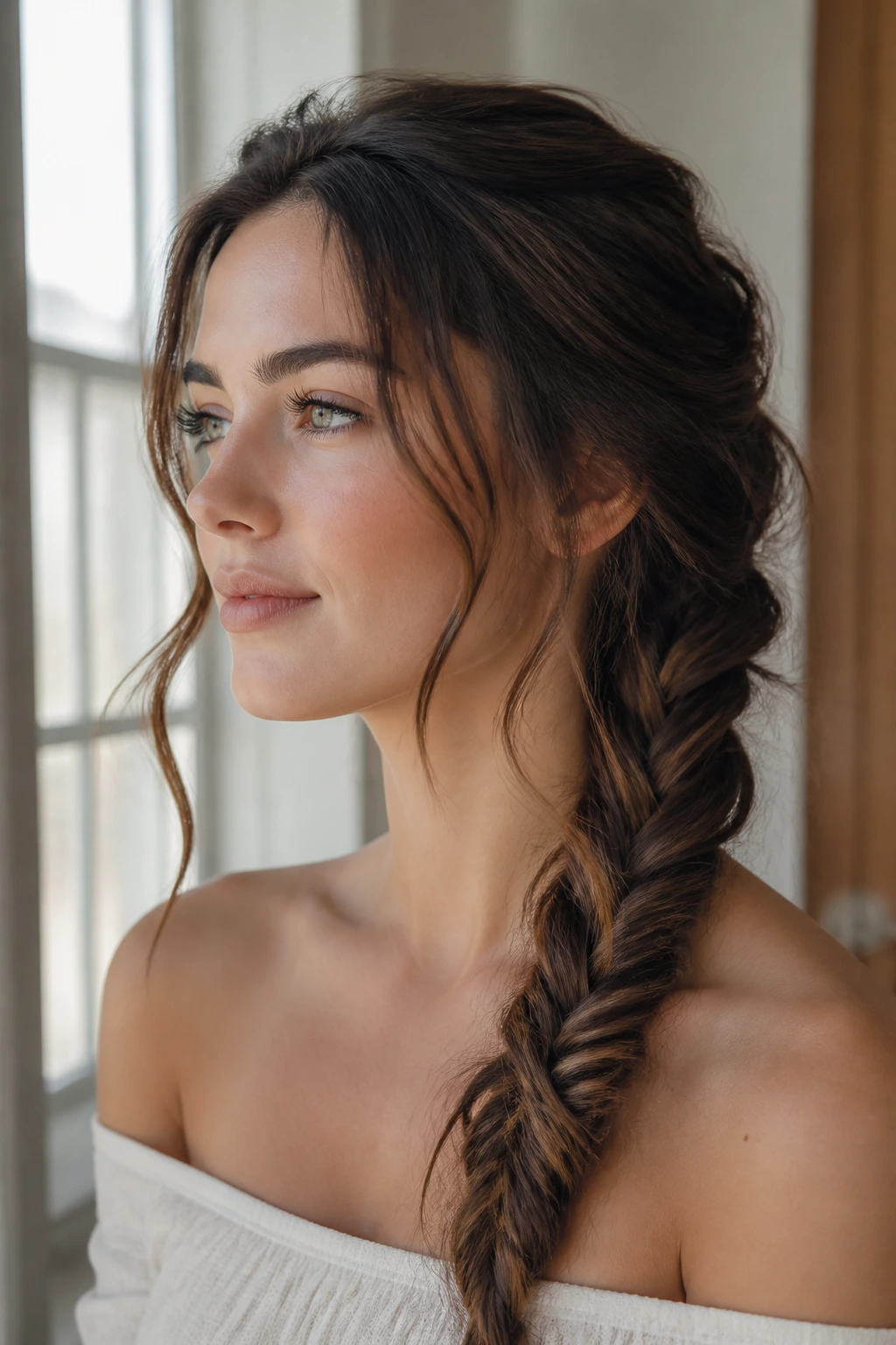Close-up of a real woman with loose face-frame fishtail braid