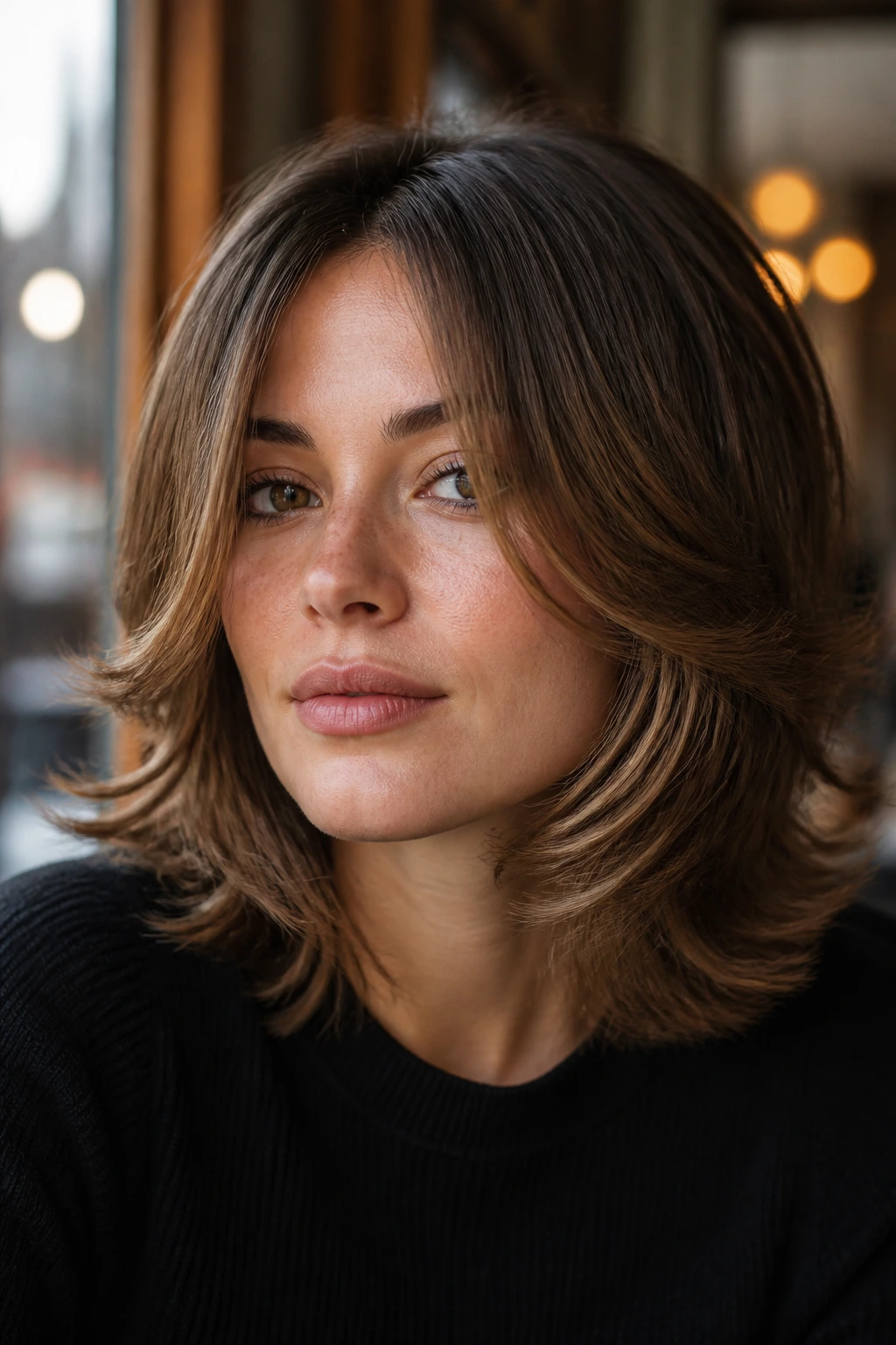 Close-up portrait of a real woman wearing a Face-Frame Flip Shag with outward cheek framing
