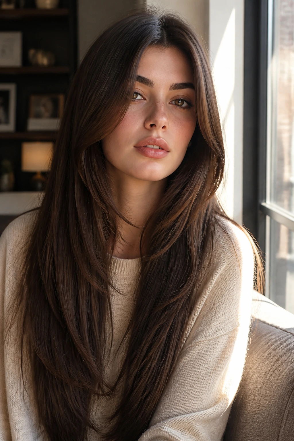Close-up of face-framing hair from cheekbone to collarbone