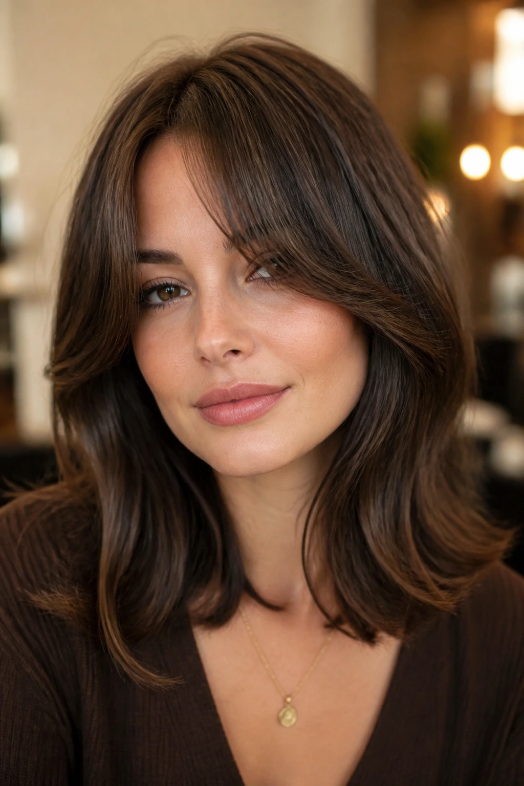 Portrait of a real person with face-frame heavy curtain bangs