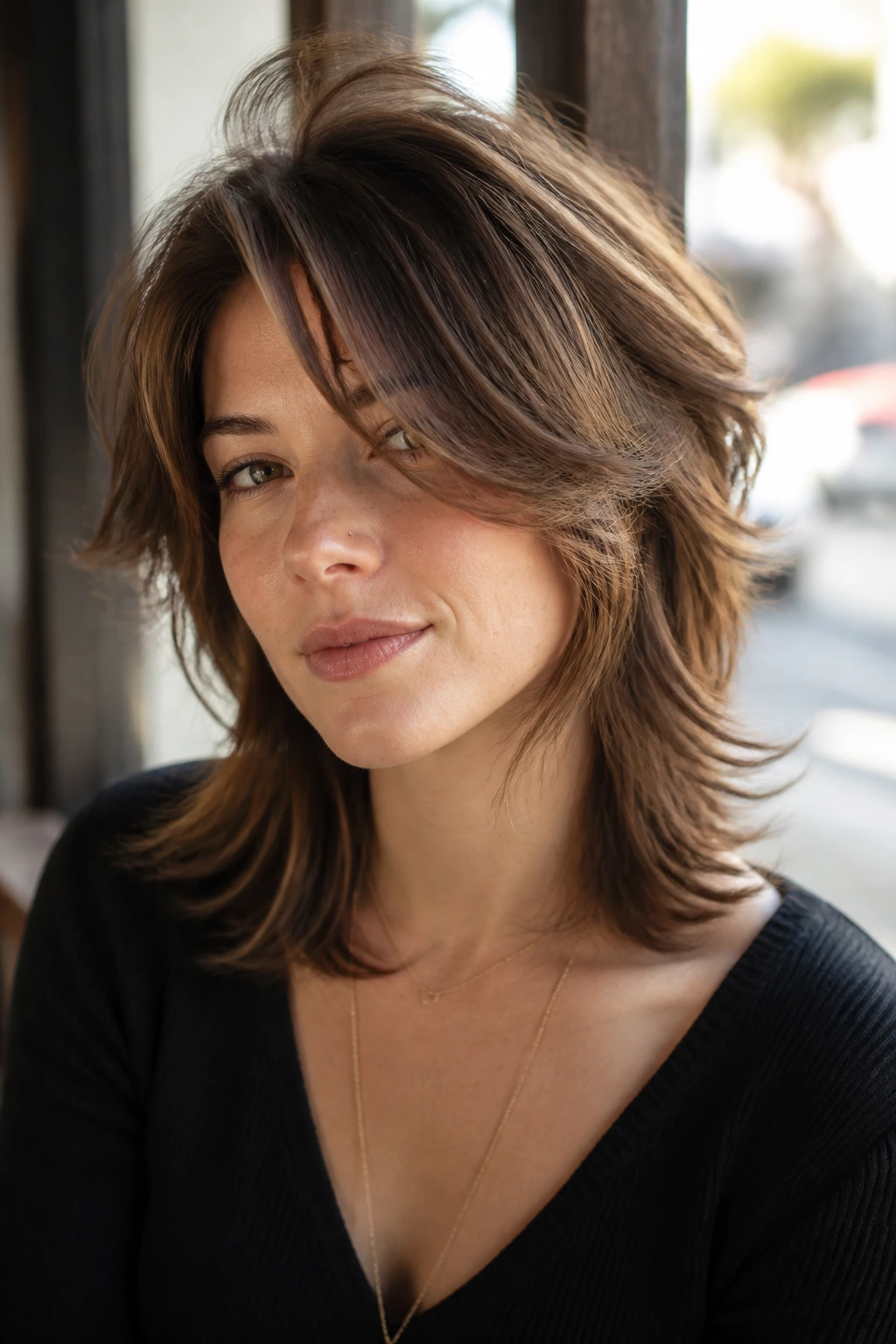 Close-up portrait of a real person with heavy face-frame mini wolf hairstyle in a sunlit cafe setting.