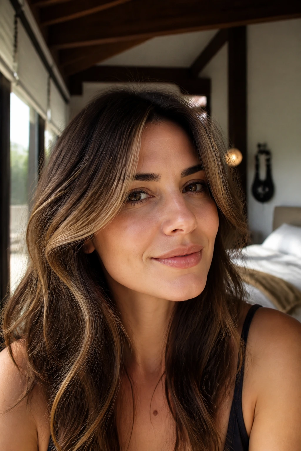 Close-up of brunette with subtle face-frame and crown highlights under soft morning light.
