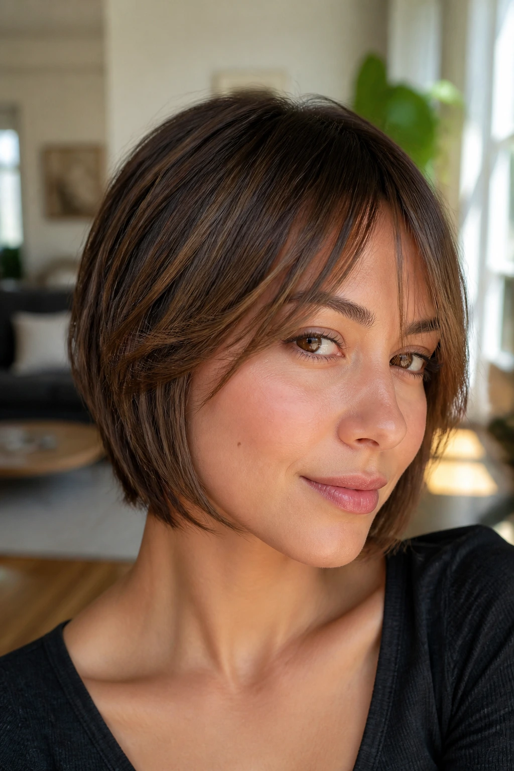 Real woman with face-frame merge fringe blending into cheekbone layers in natural light