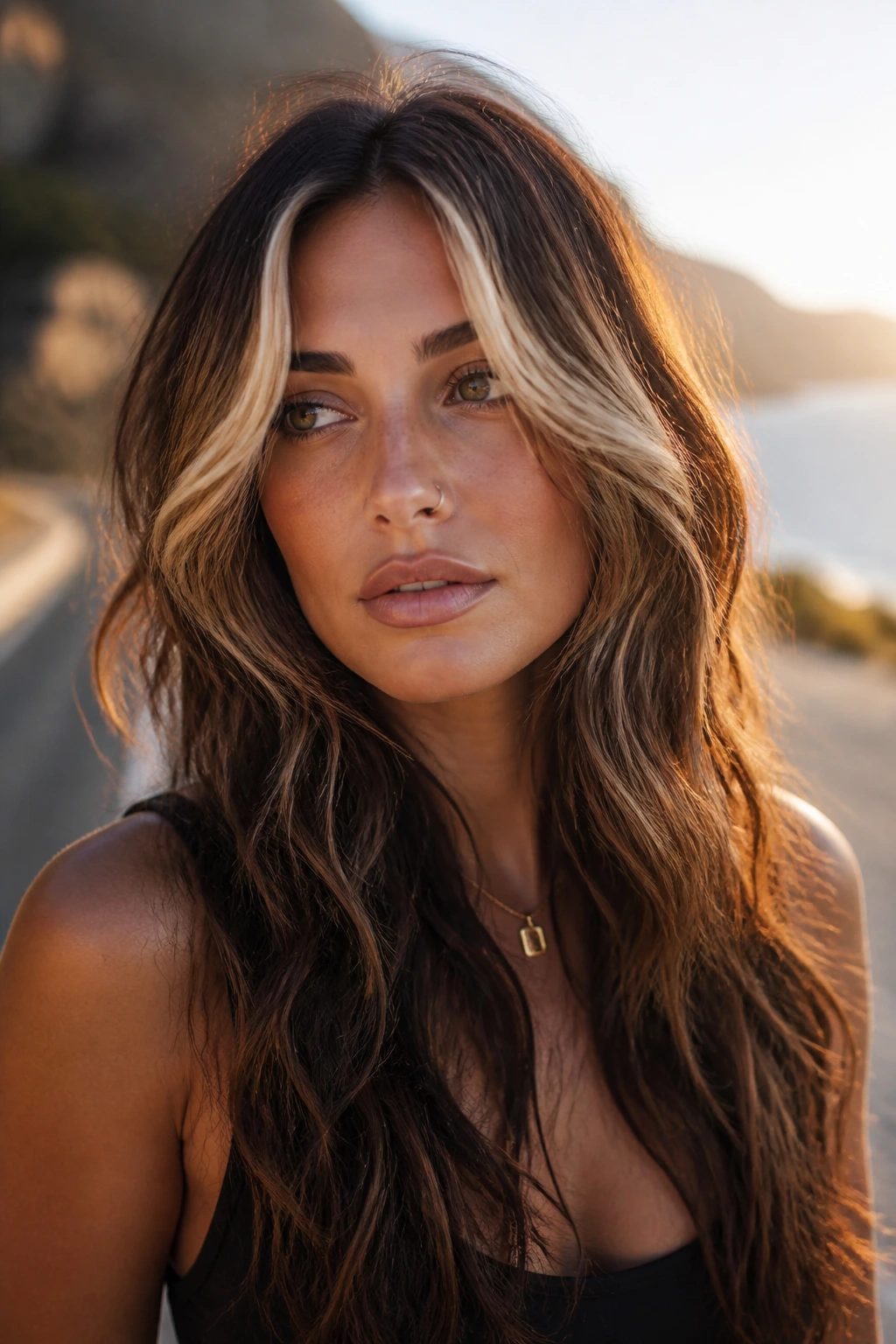 Close-up of a real woman with lightened front pieces framing the face in a wolf cut