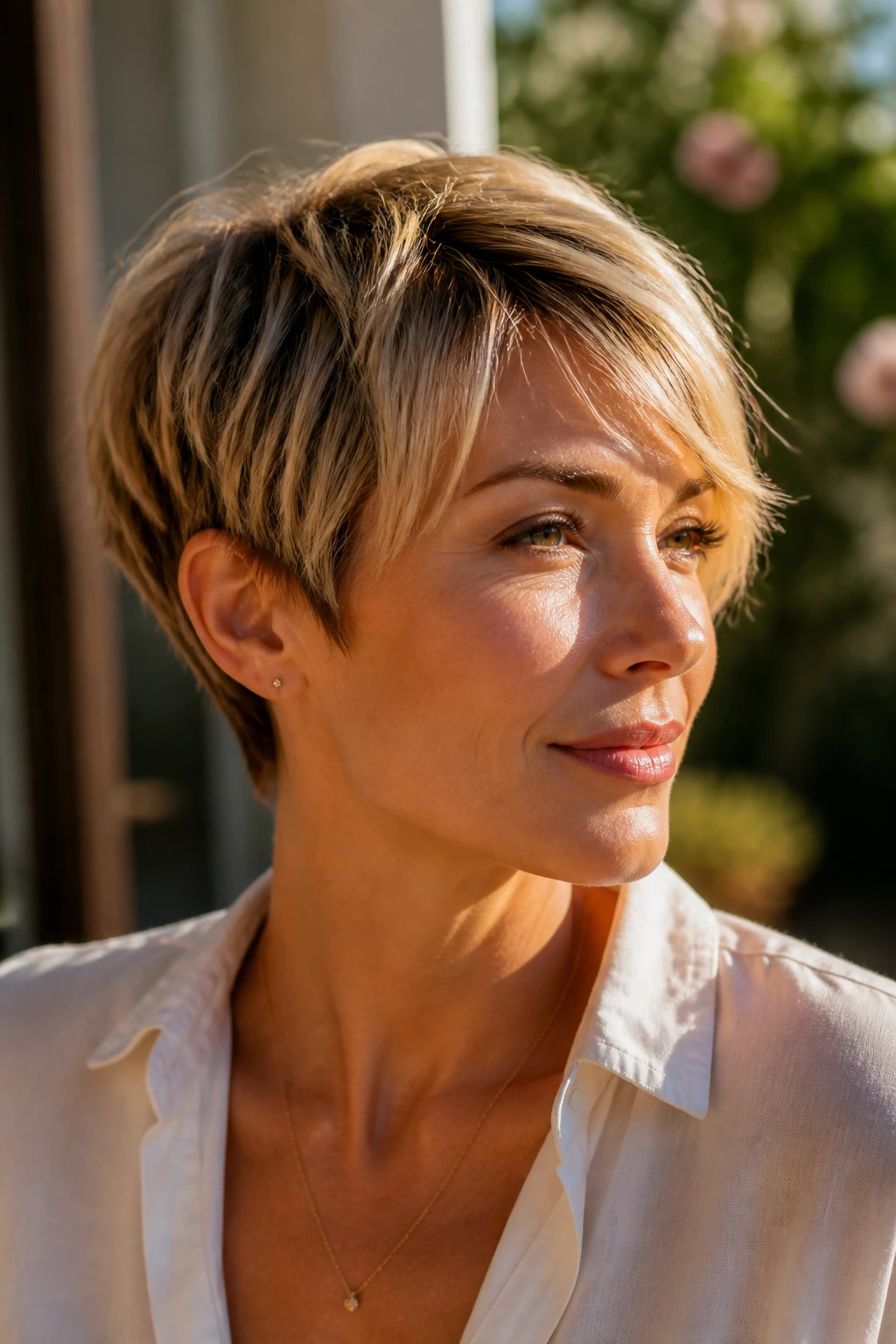 Close-up of real woman with sunlit face-frame pixie catching warm light