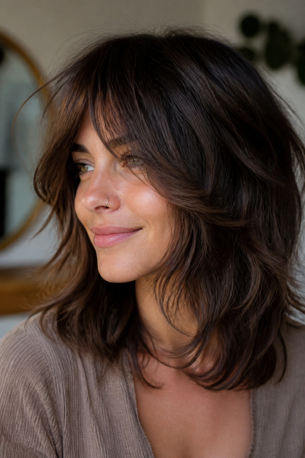 Close-up of a woman with face-frame heavy shag, front pieces framing cheek and chin.
