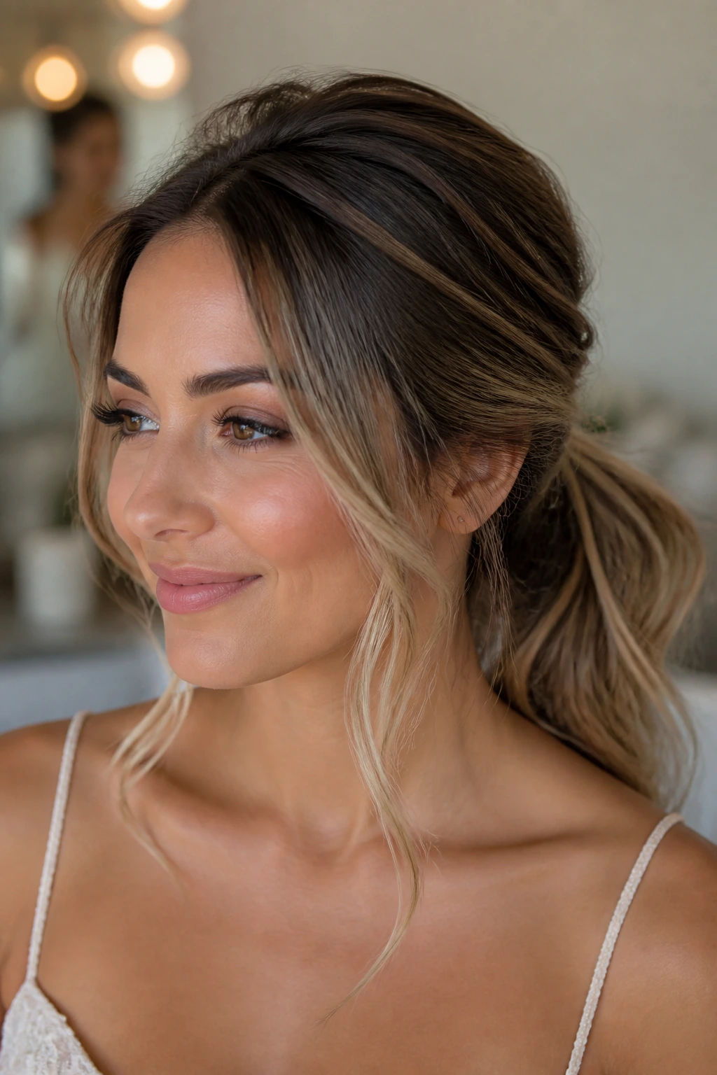 Close-up of a real woman with a face-framing lived-in ponytail and textured tail.