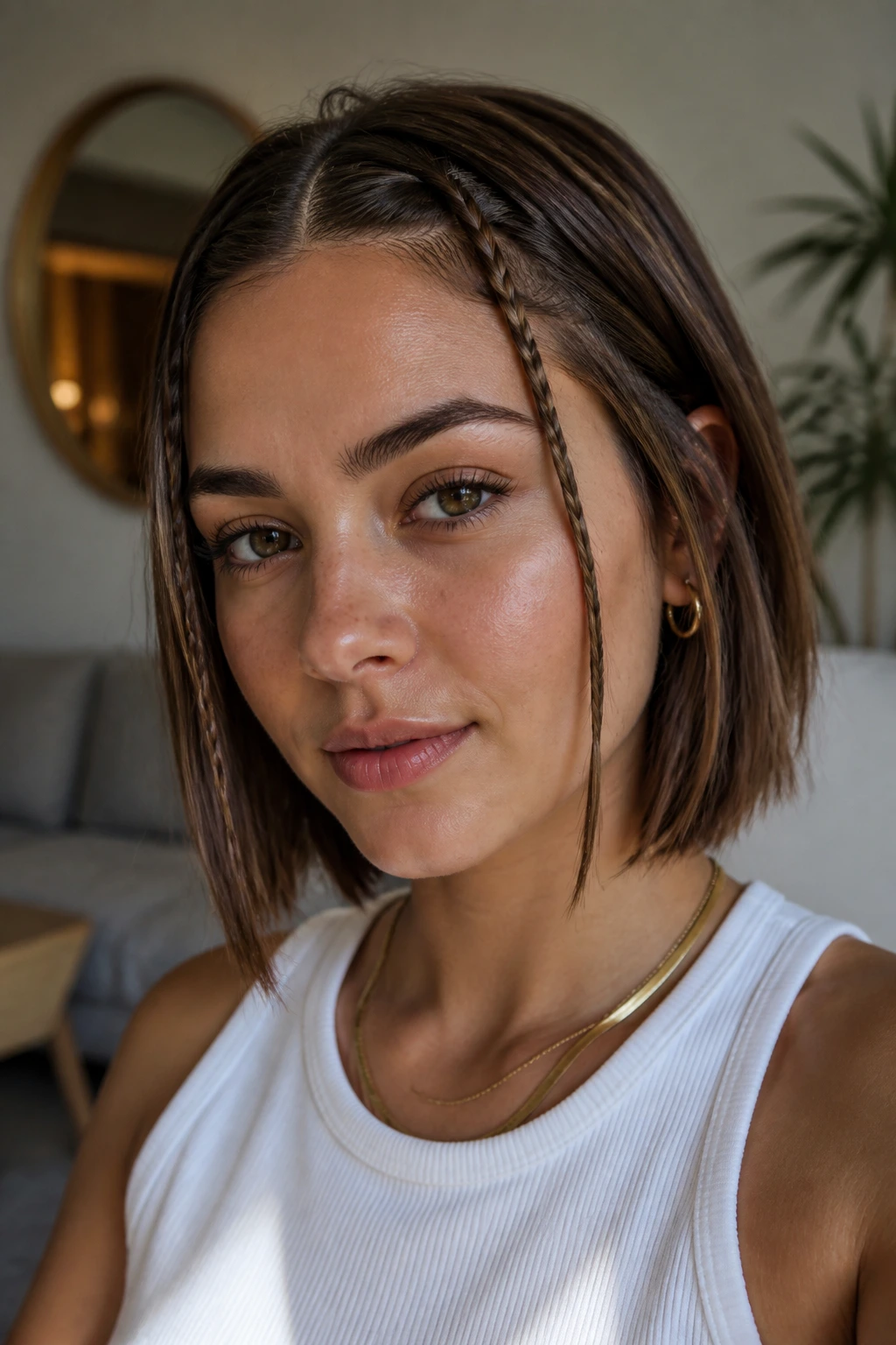 Close-up of real woman with two tiny face-framing braids near cheeks