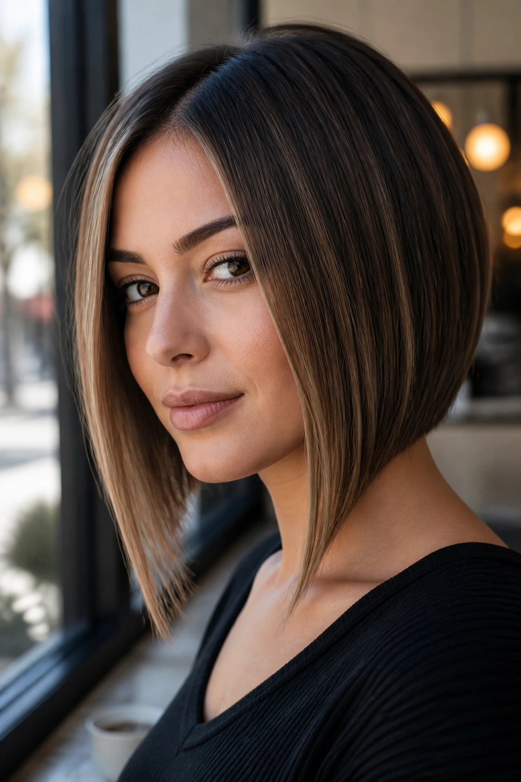 Close-up of a woman with a face-framing angle bob at a cafe
