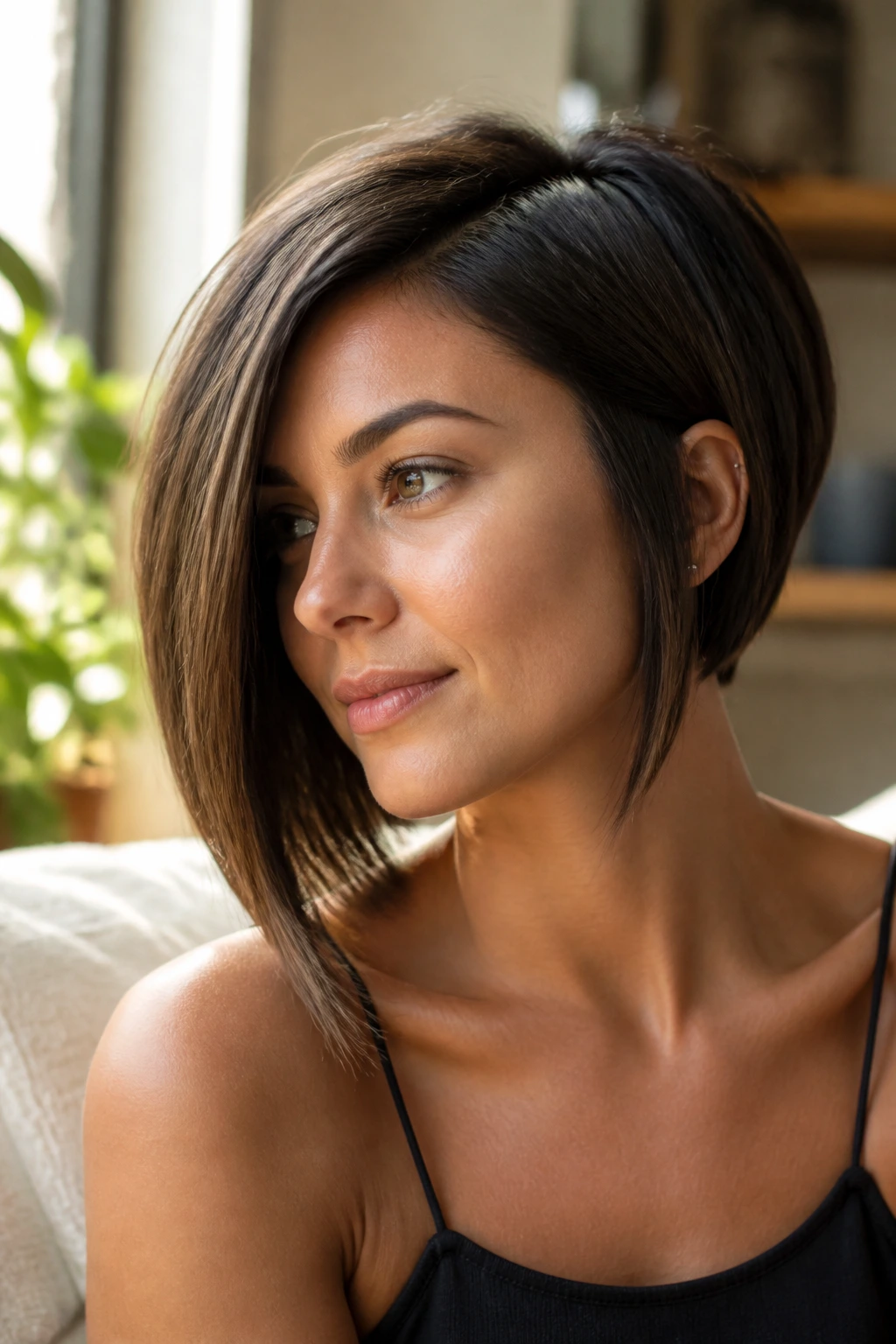 Close-up portrait of a woman with face-framing asymmetrical bob