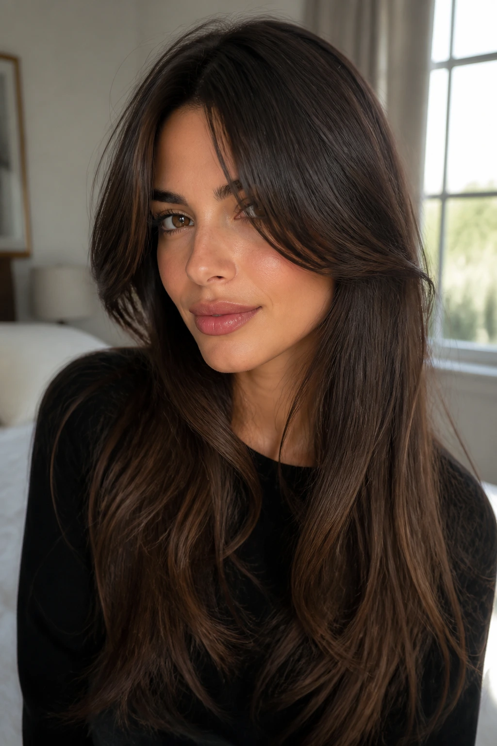 Close-up of a real woman with cheekbone-starting face-framing bangs