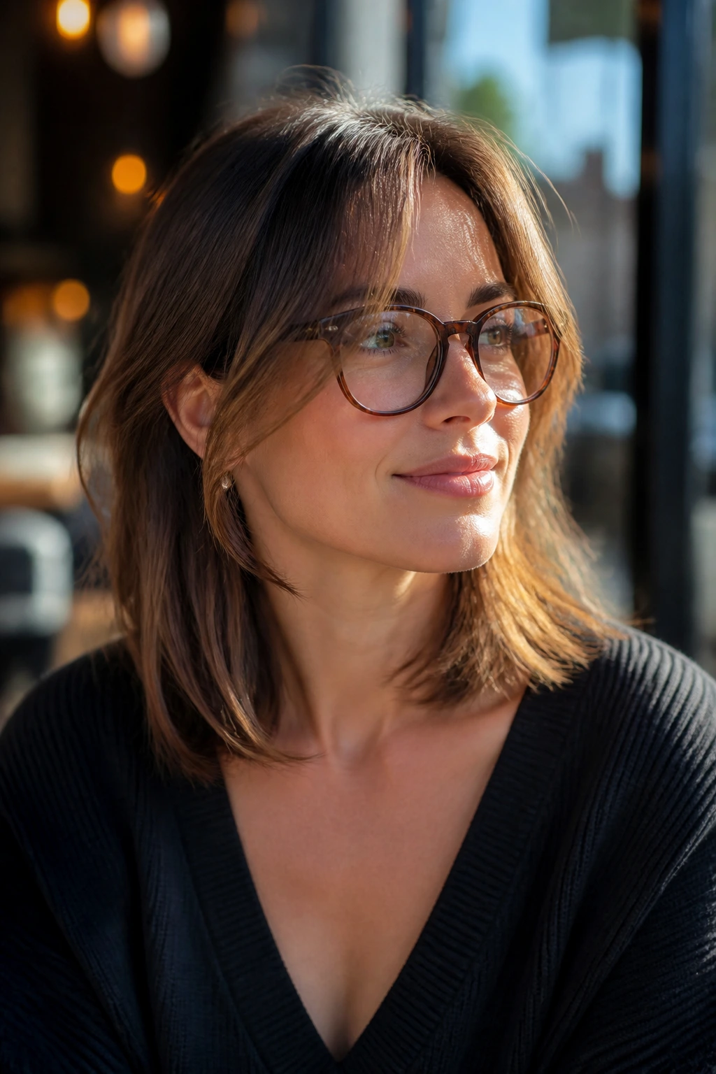 Woman with glasses and outward-swept face-framing bangs in cafe light