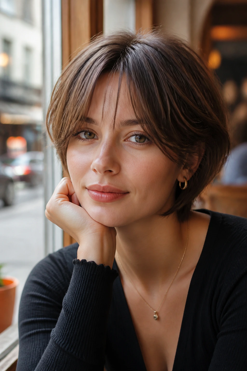 Close-up portrait of a real woman with face-framing bangs in a sunlit cafe.