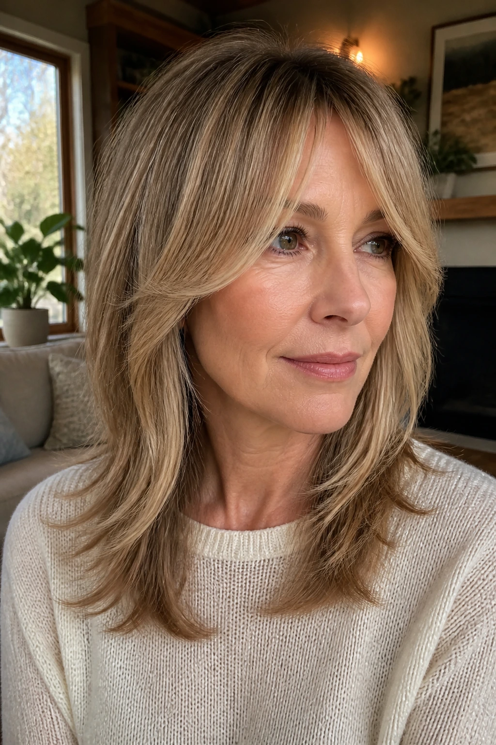 Close-up portrait of a real woman with face-framing bangs blending into layers