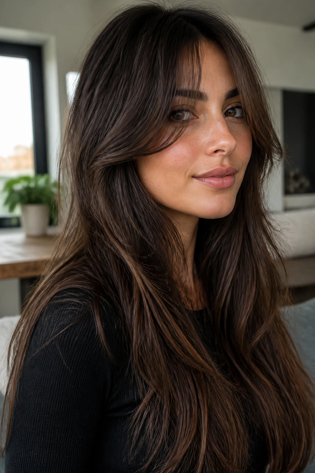 Close-up of a real woman with long hair and subtle face-framing bangs
