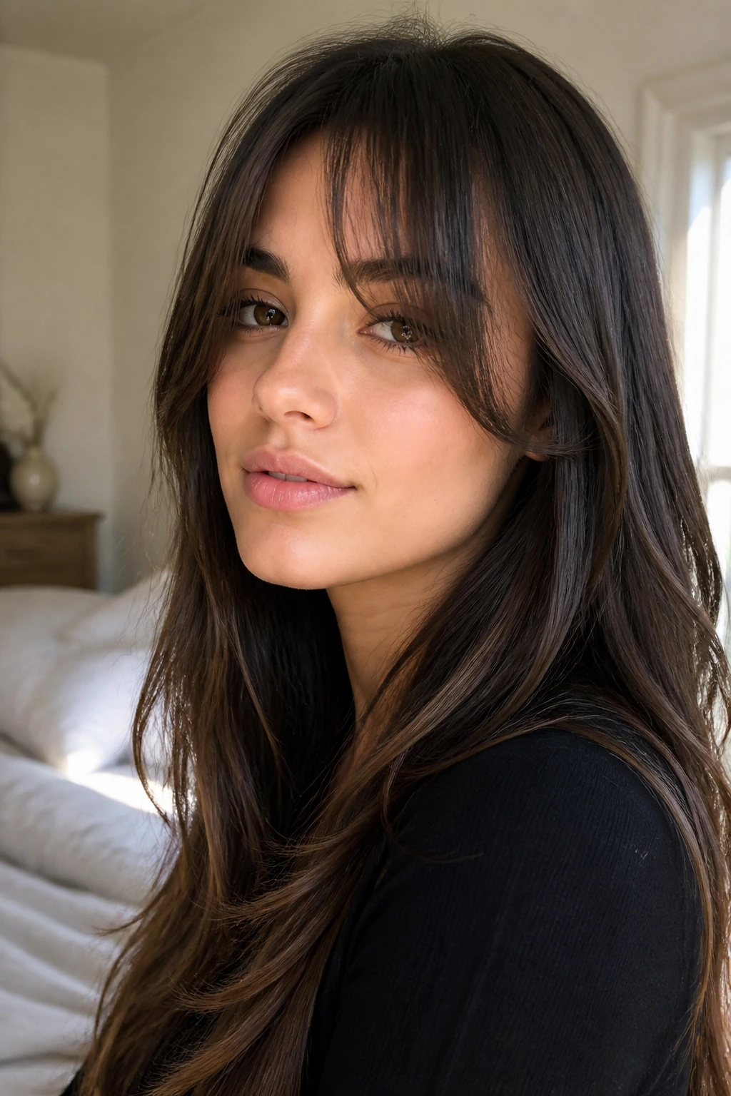 Close-up of a real woman with soft face-framing bangs and long hair