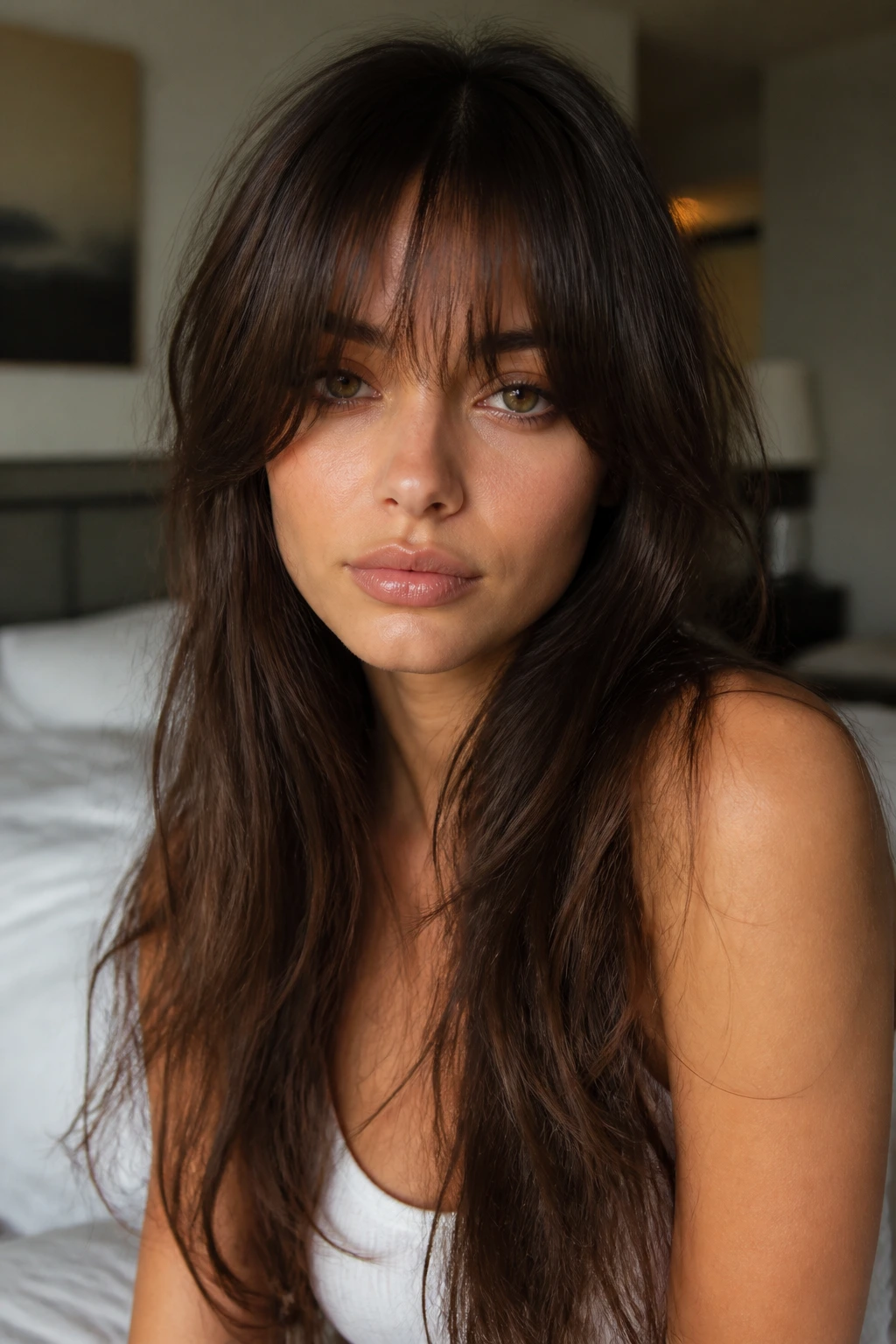 Close-up portrait of a woman with face-framing bangs