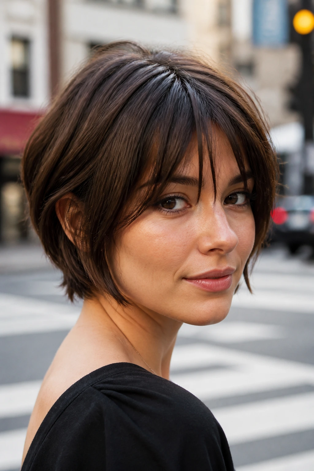 Close-up portrait of a woman with a short haircut and face-framing bangs in natural light.