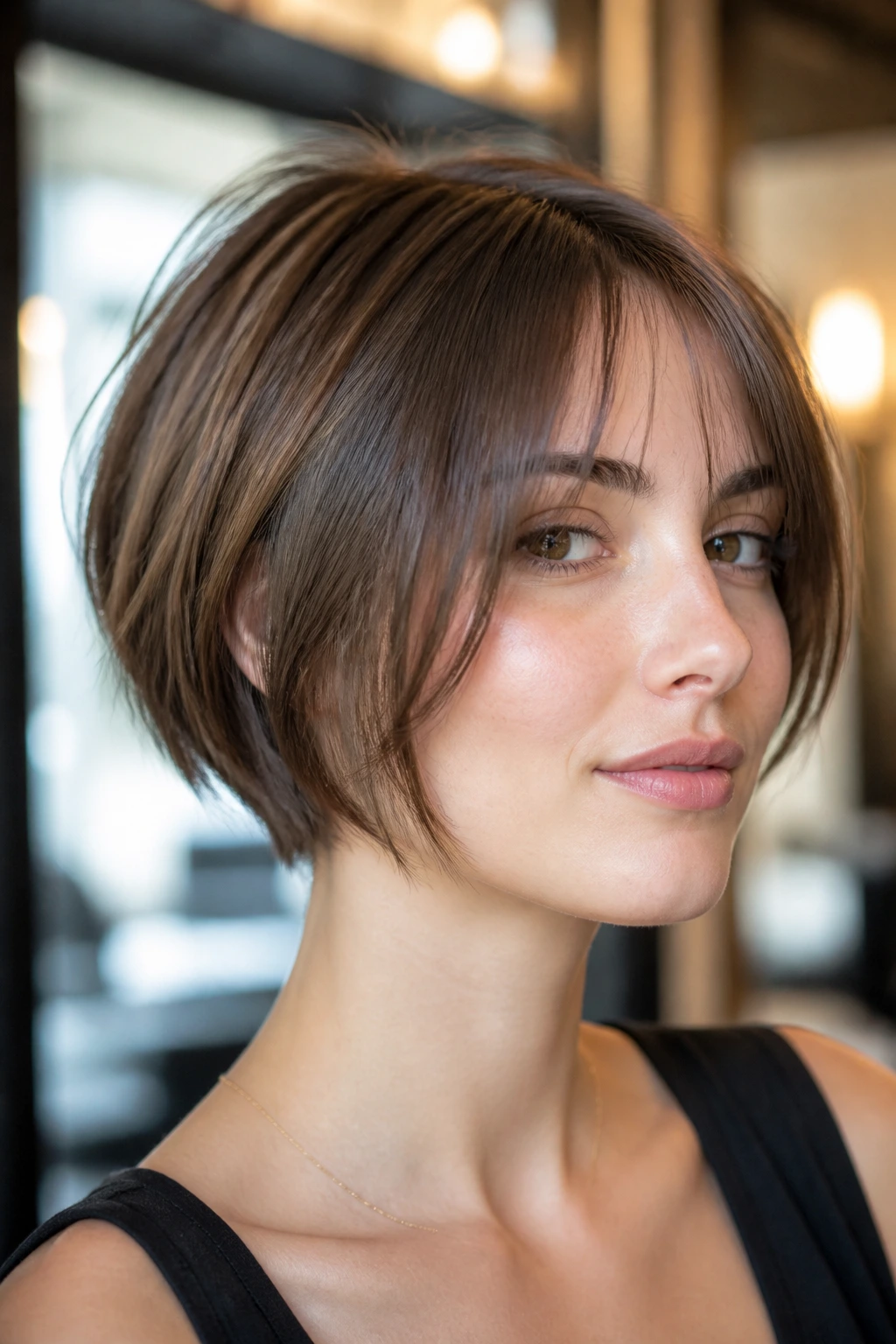 Real person with face-framing bangs showing how bangs change the shape of a short haircut.