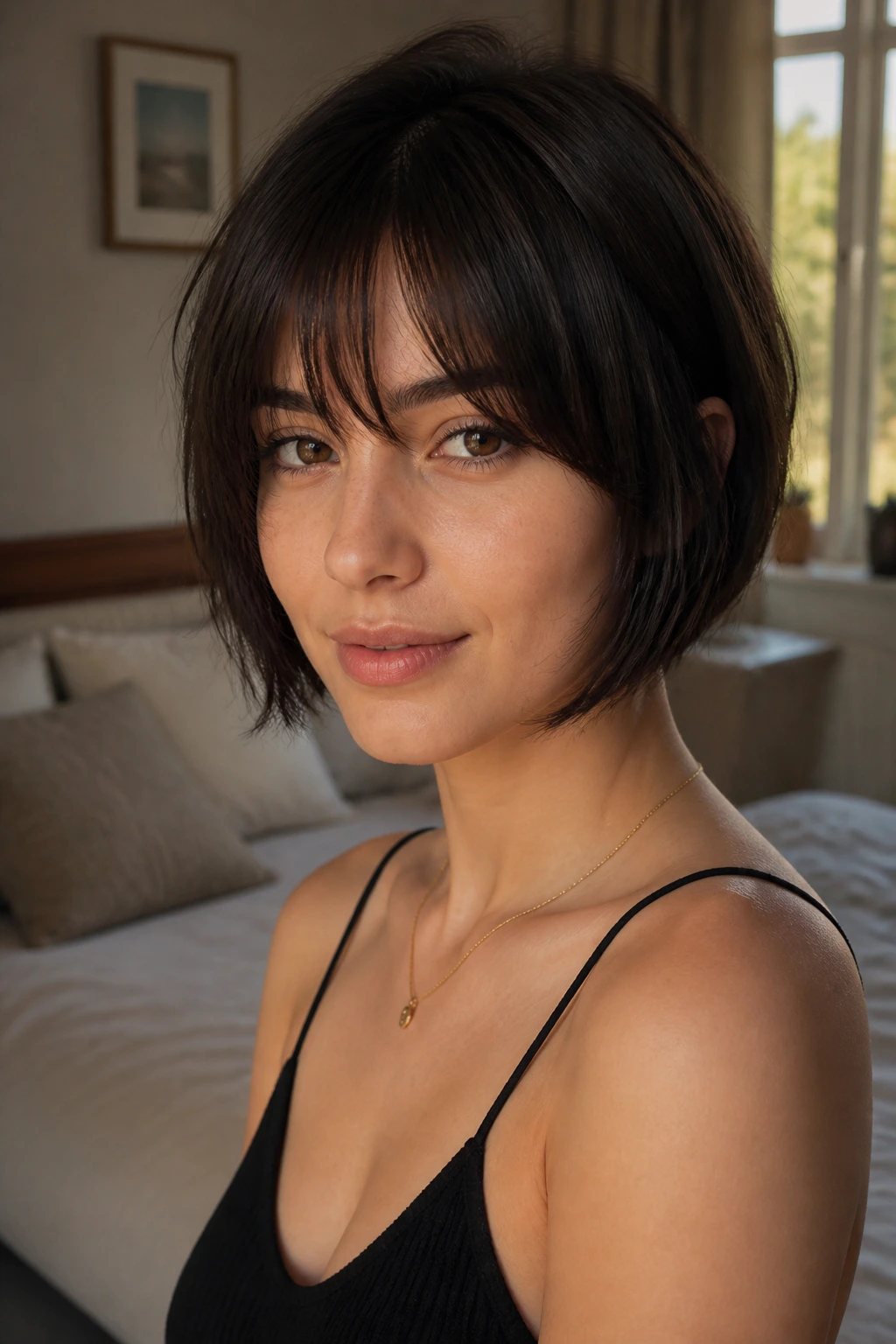 Close-up portrait of a woman with face-framing bangs in a cozy bedroom