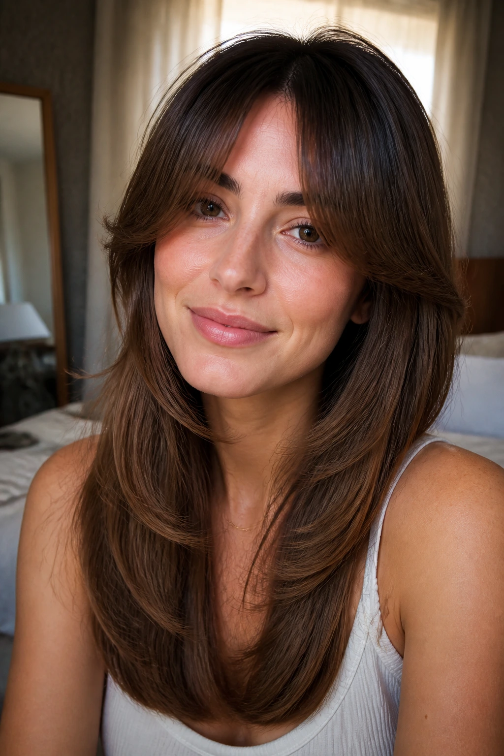 Close-up of a real woman with face-framing bangs and a U-shaped cut