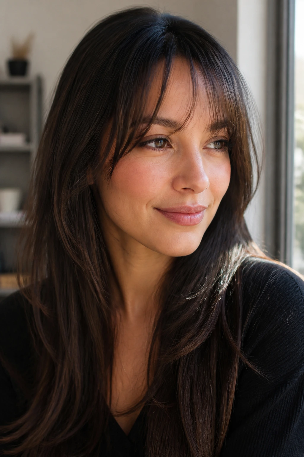 Close-up of a woman with subtle face-framing bangs in natural light