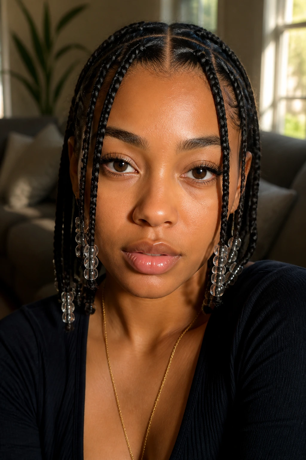 Close-up of a real person with face-framing beads and polished tribal braids