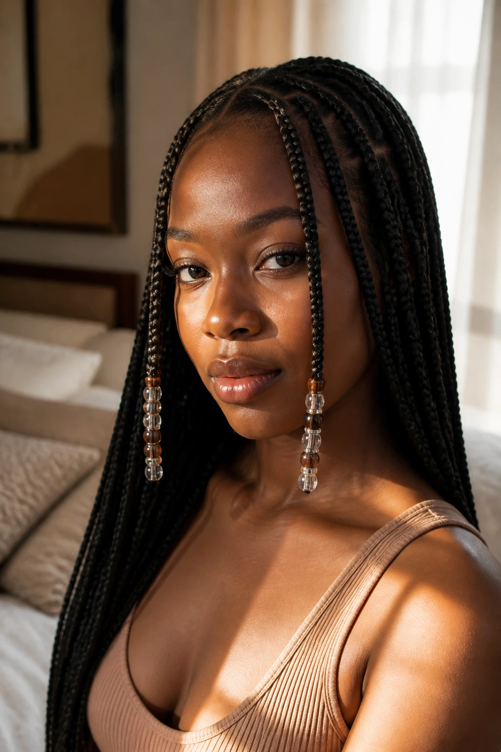 Close-up portrait of a woman with face-framing beads in knotless braids