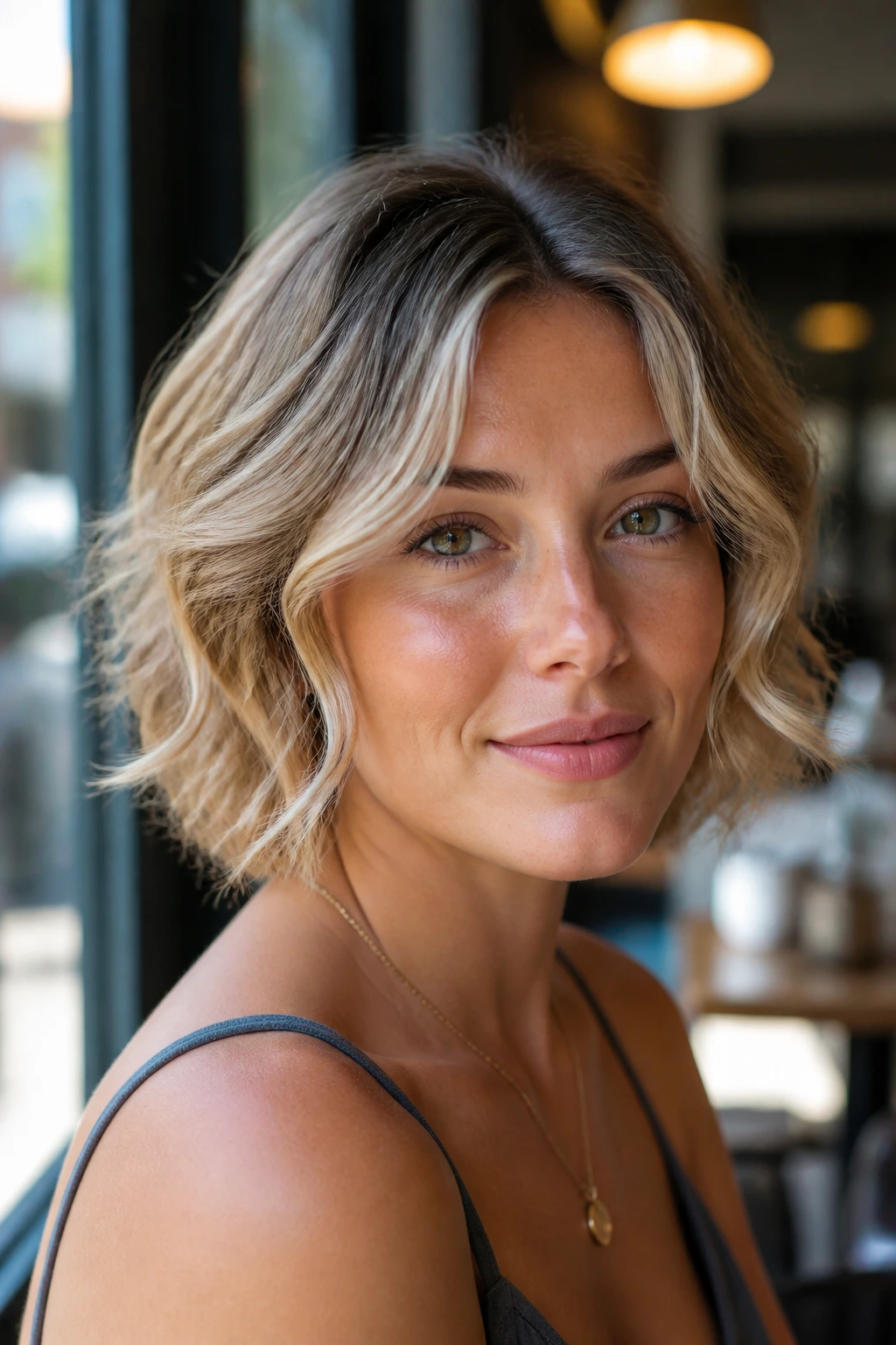 Close-up of a real woman with front face-framing bends in short waves