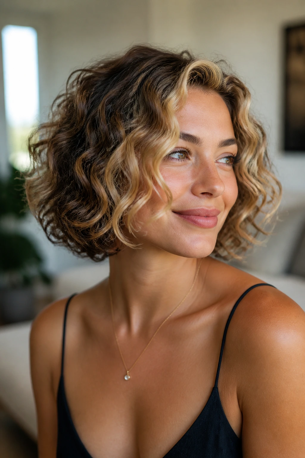 Close-up of a real woman with face-framing blonde balayage on a curly bob in soft window light