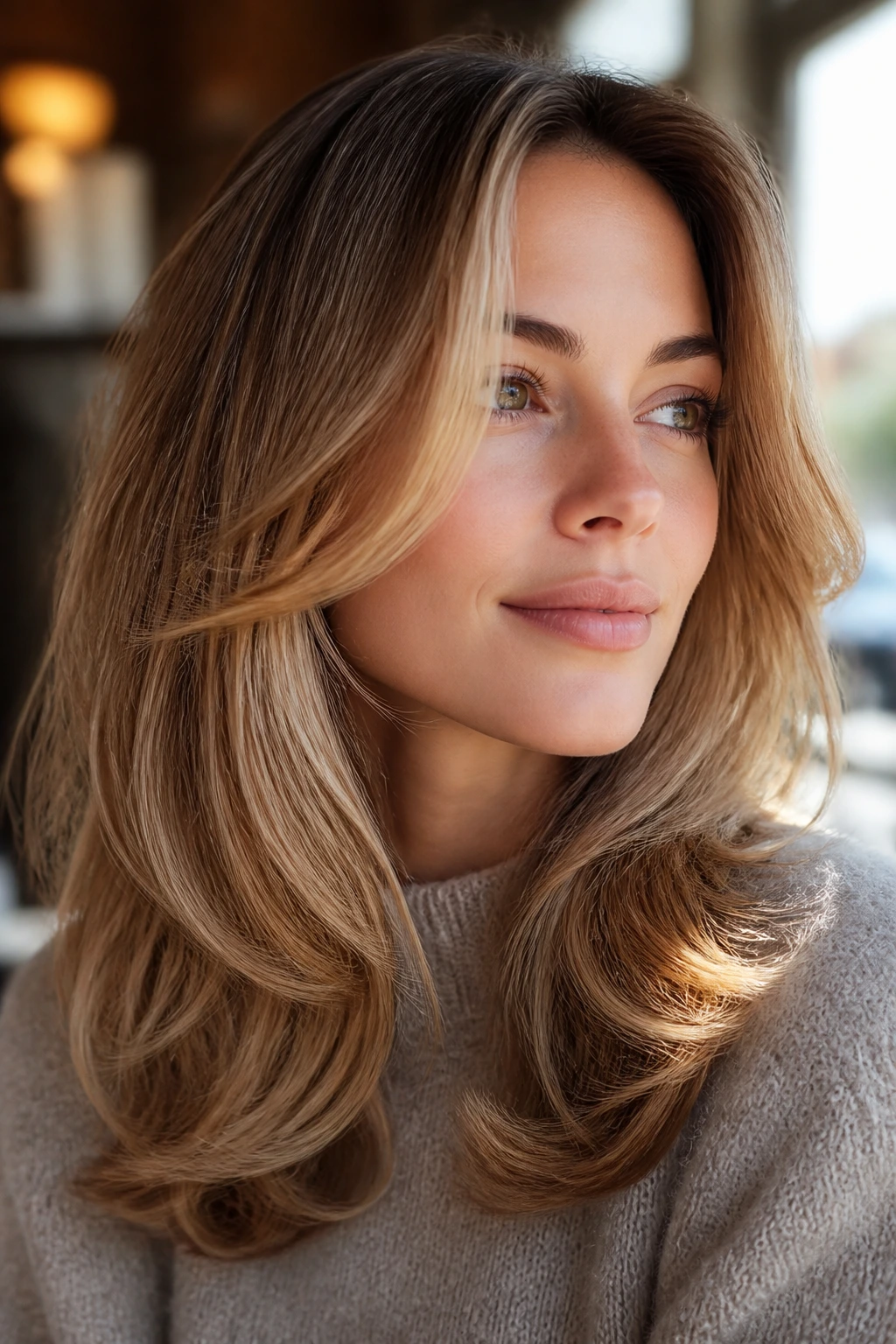 Close-up of a woman with a loose face-framing blowout hairstyle