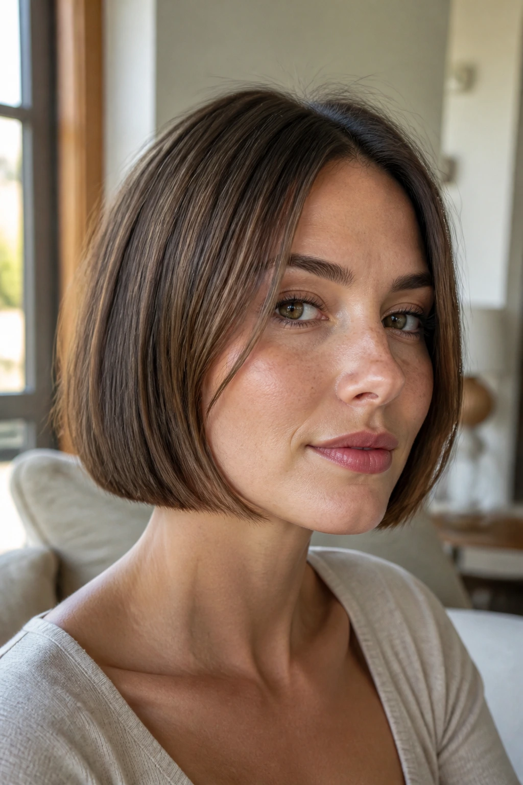 Close-up portrait of a real woman with cheekbone-framing pieces in blunt bob