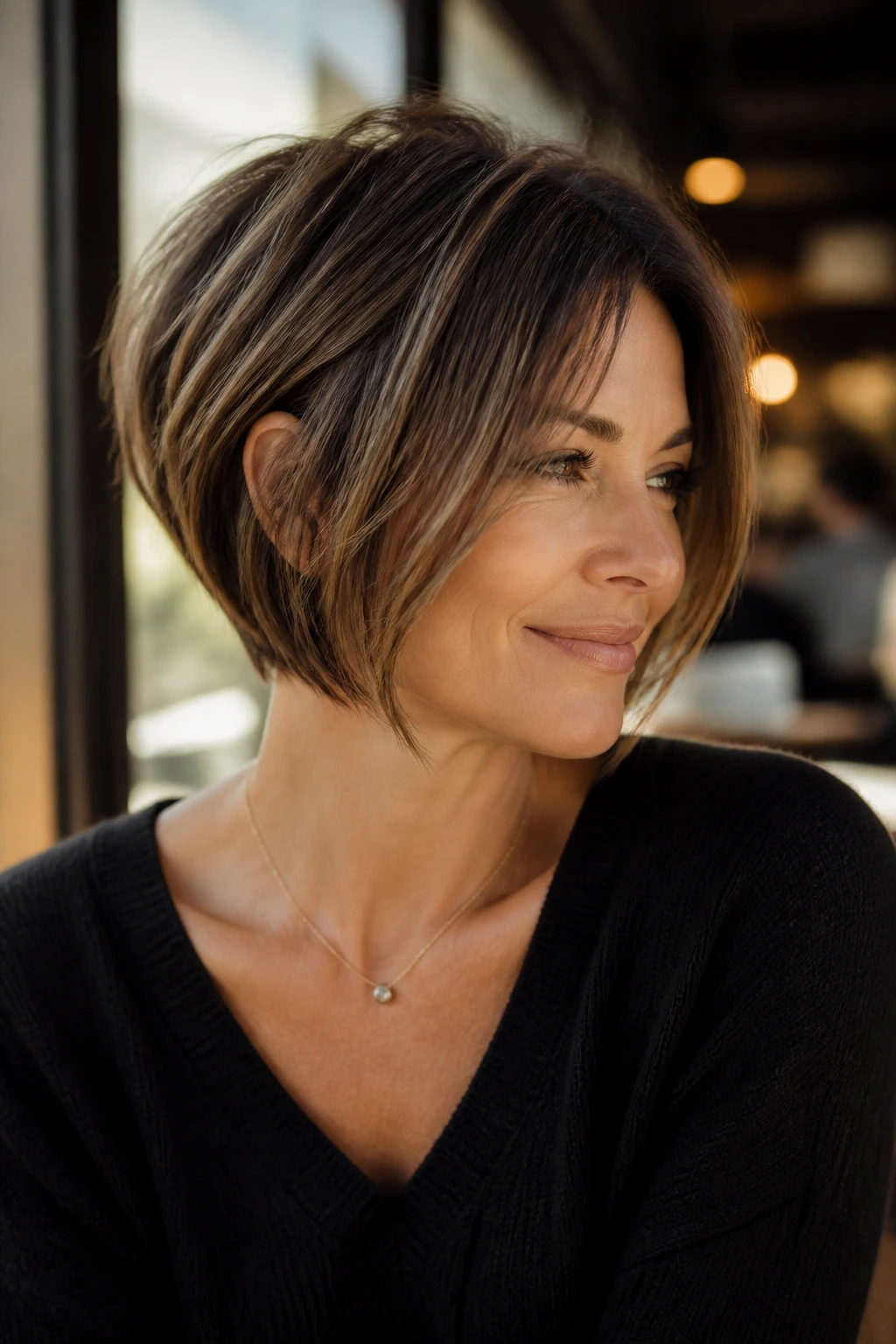 Close-up of a woman with face-framing stacked bob in a warm cafe setting