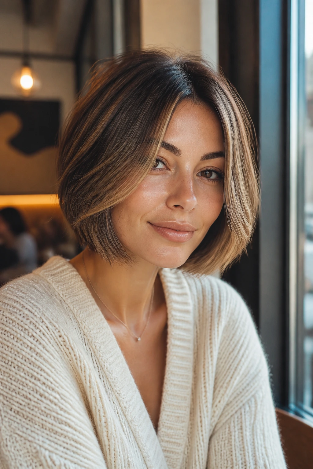 Close-up portrait of a real woman with face-framing layers around the cheekbones