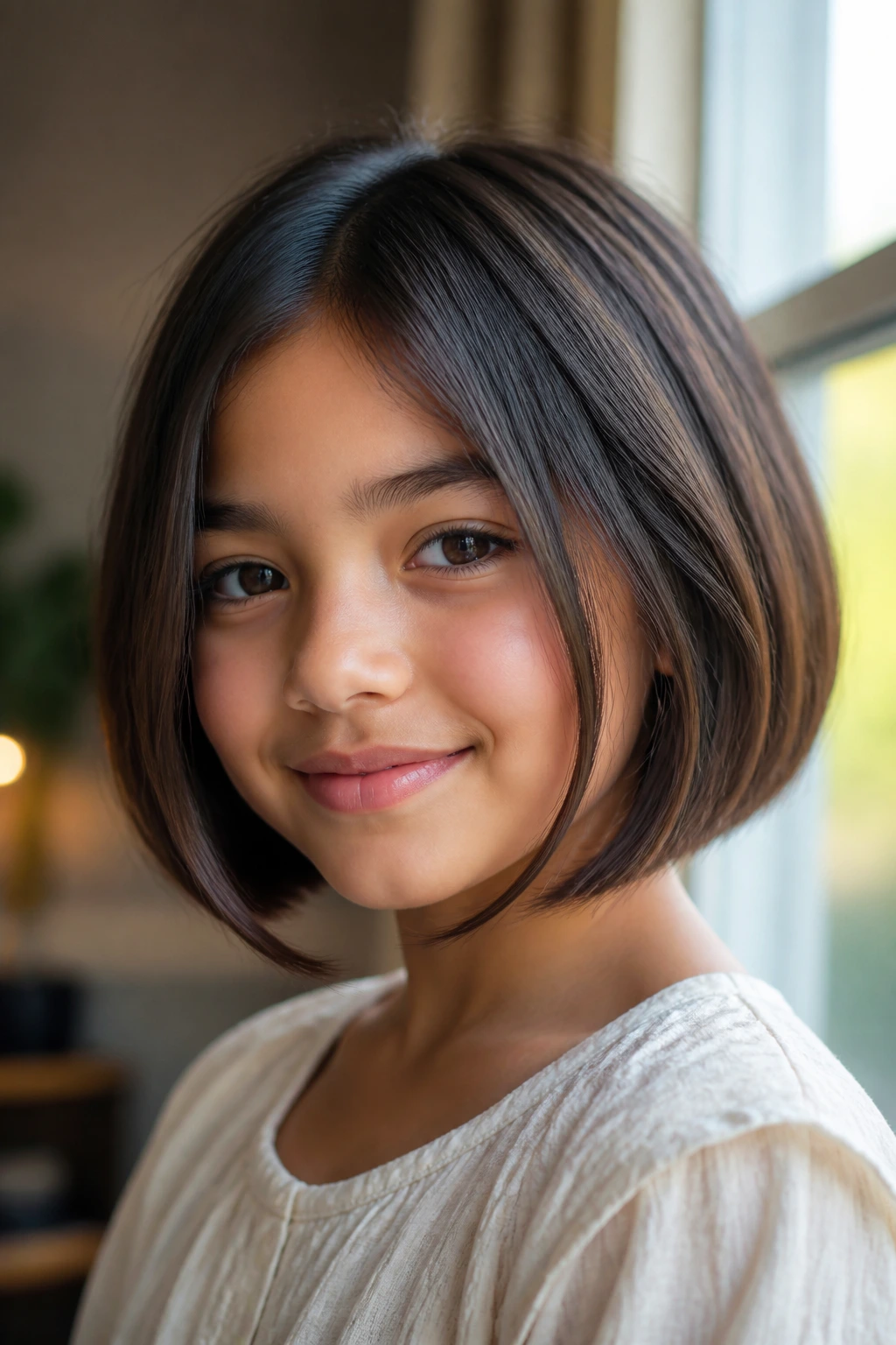 Close-up of a real child with face-framing bob softening cheeks
